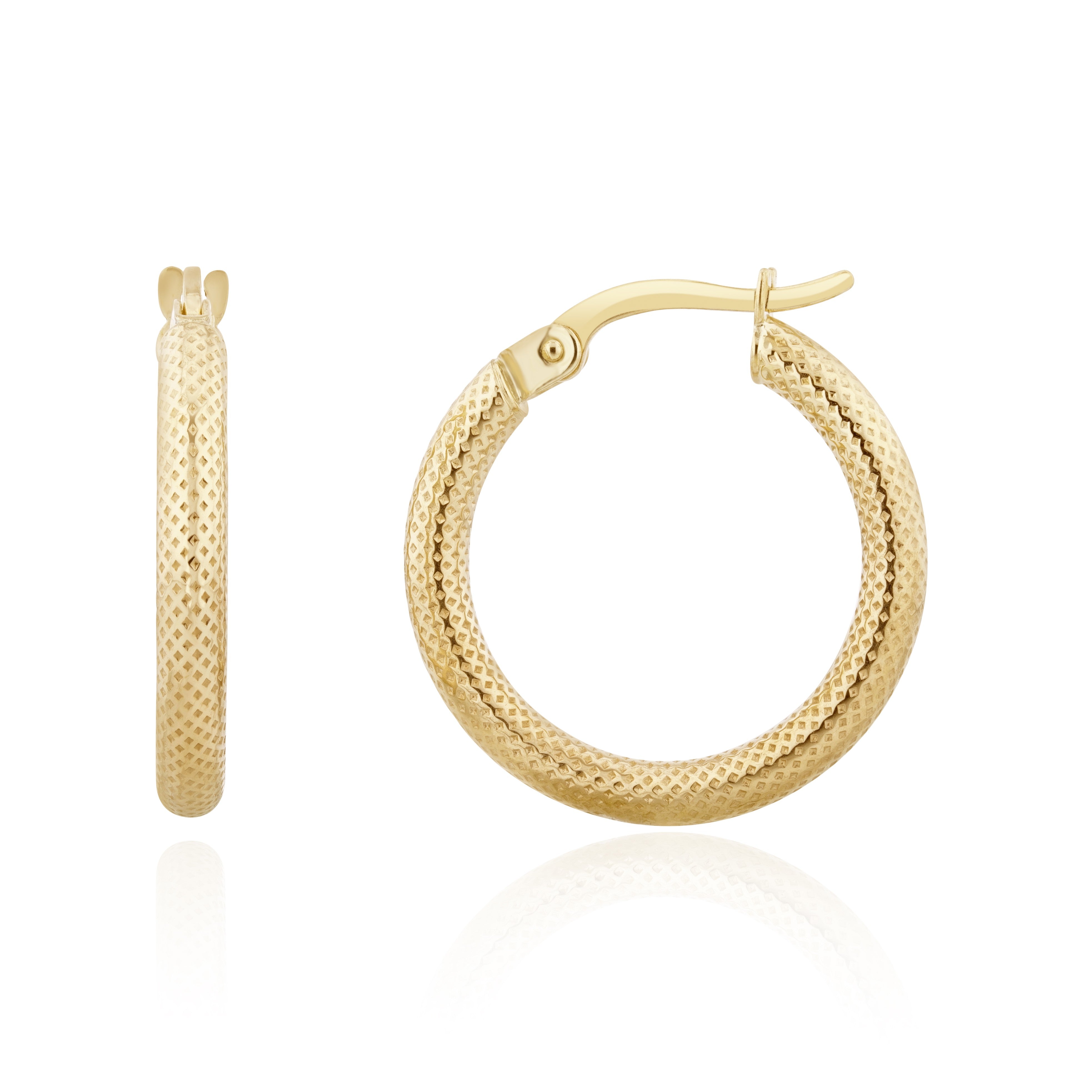 9CT YELLOW GOLD STIPPLED ROUND HOOP EARRINGS. 20MM DIAMETER