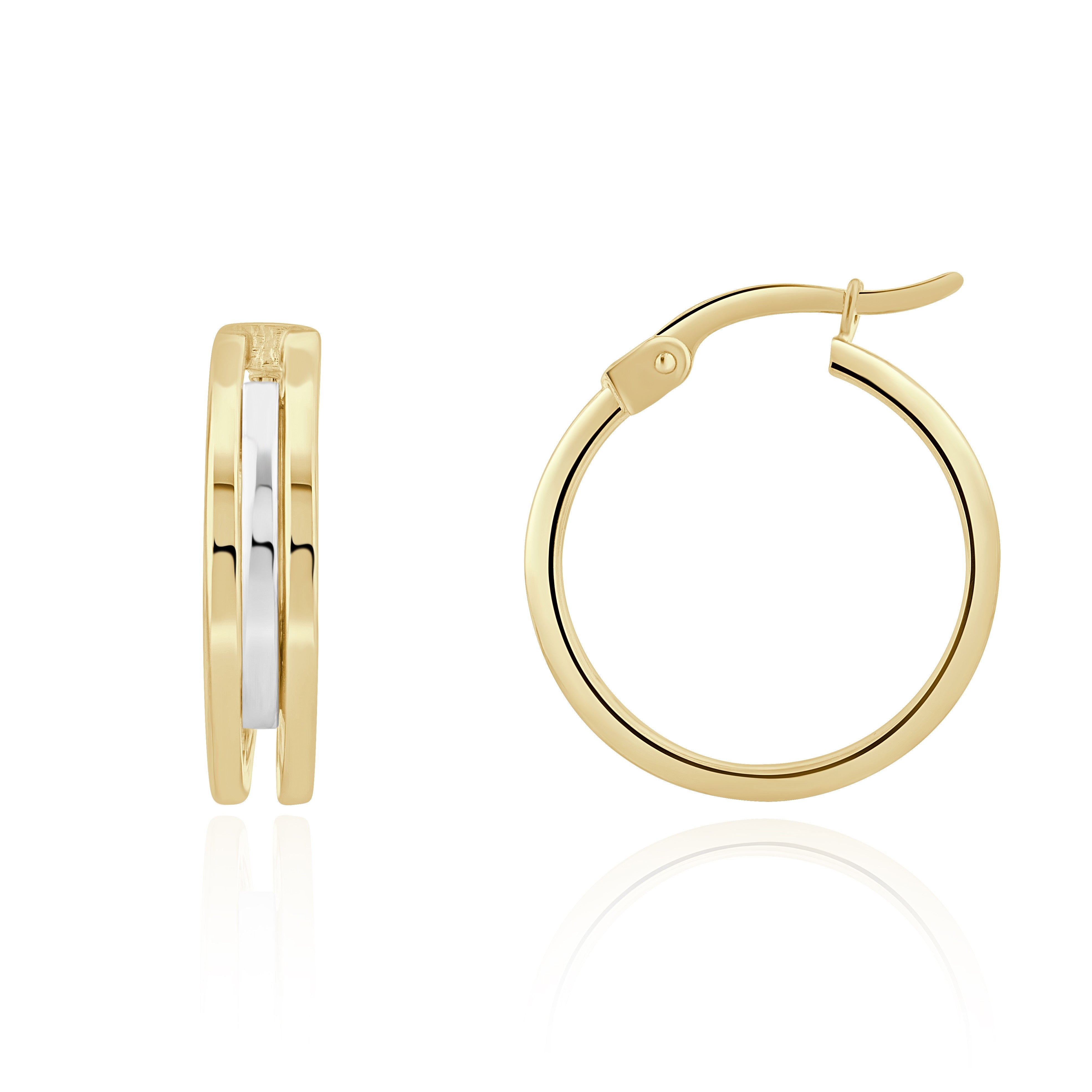 9CT YELLOW AND WHITE GOLD 3 ROW FLAT HOOP EARRINGS