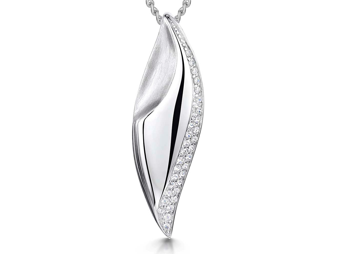 Polished & Textured Silver & Cubic Zirconia Pointed Pendant