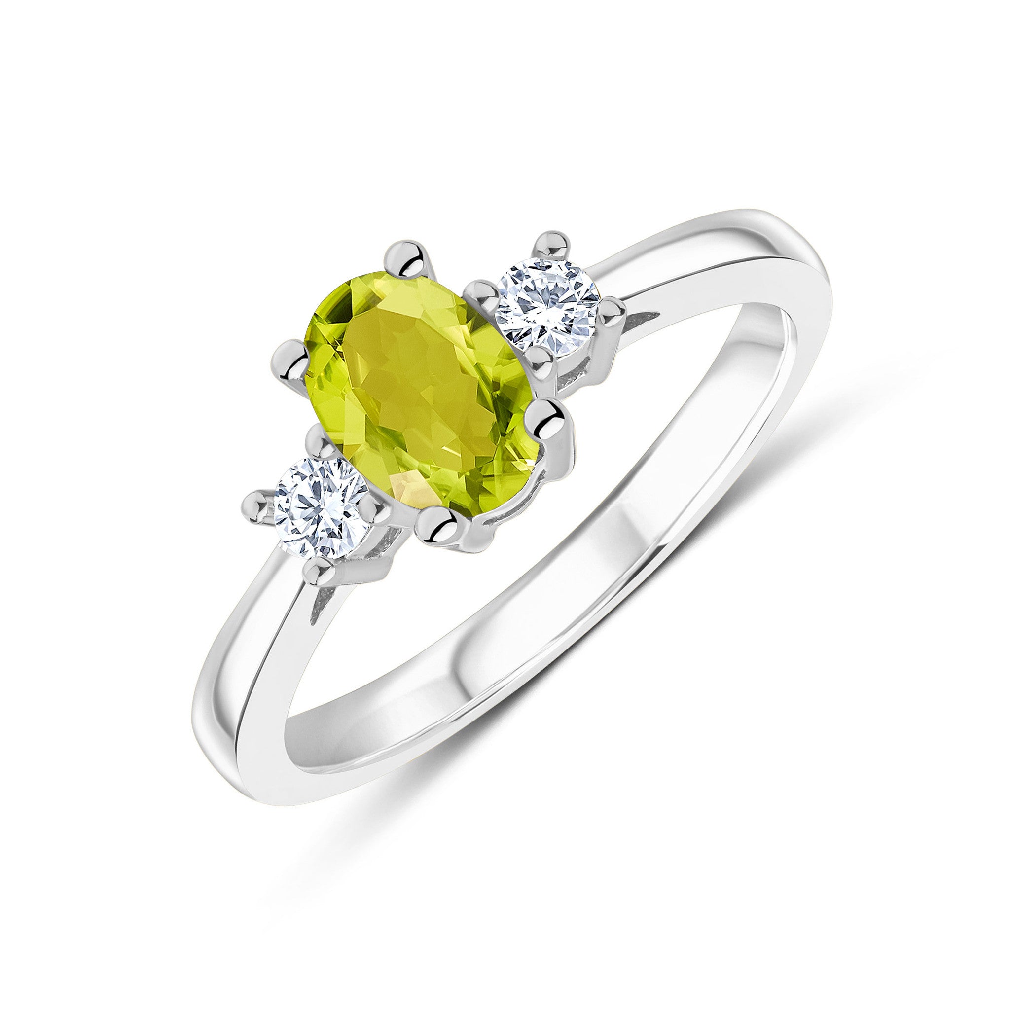 9CT WG 7X5 OVAL PERIDOT AND ROUND DIAMOND CLAW SET 3ST RING