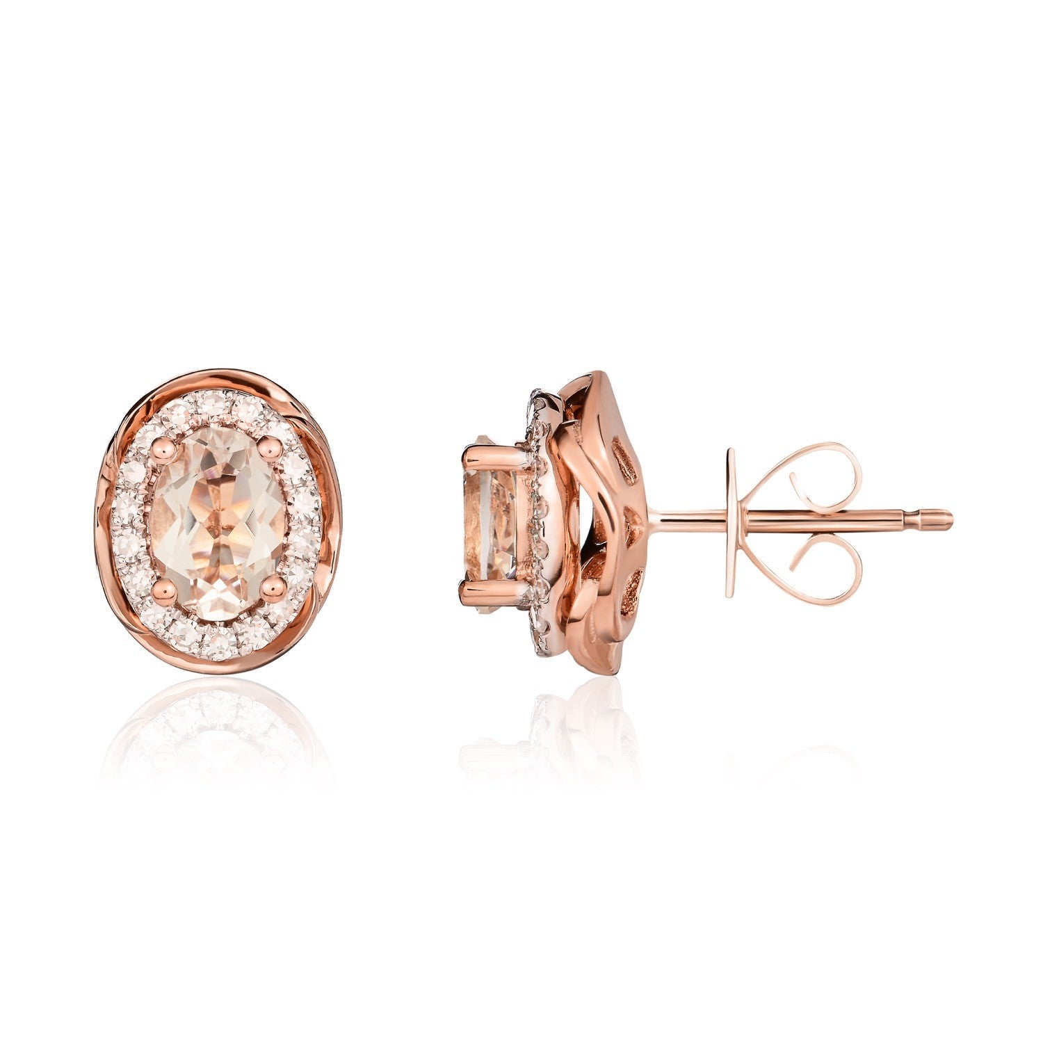 9CT RG 7X5 OVAL MORGANITE & DIAMOND CLUSTER EARRINGS WITH ROPE EDGE . RHODIUM TO DIAMONDS