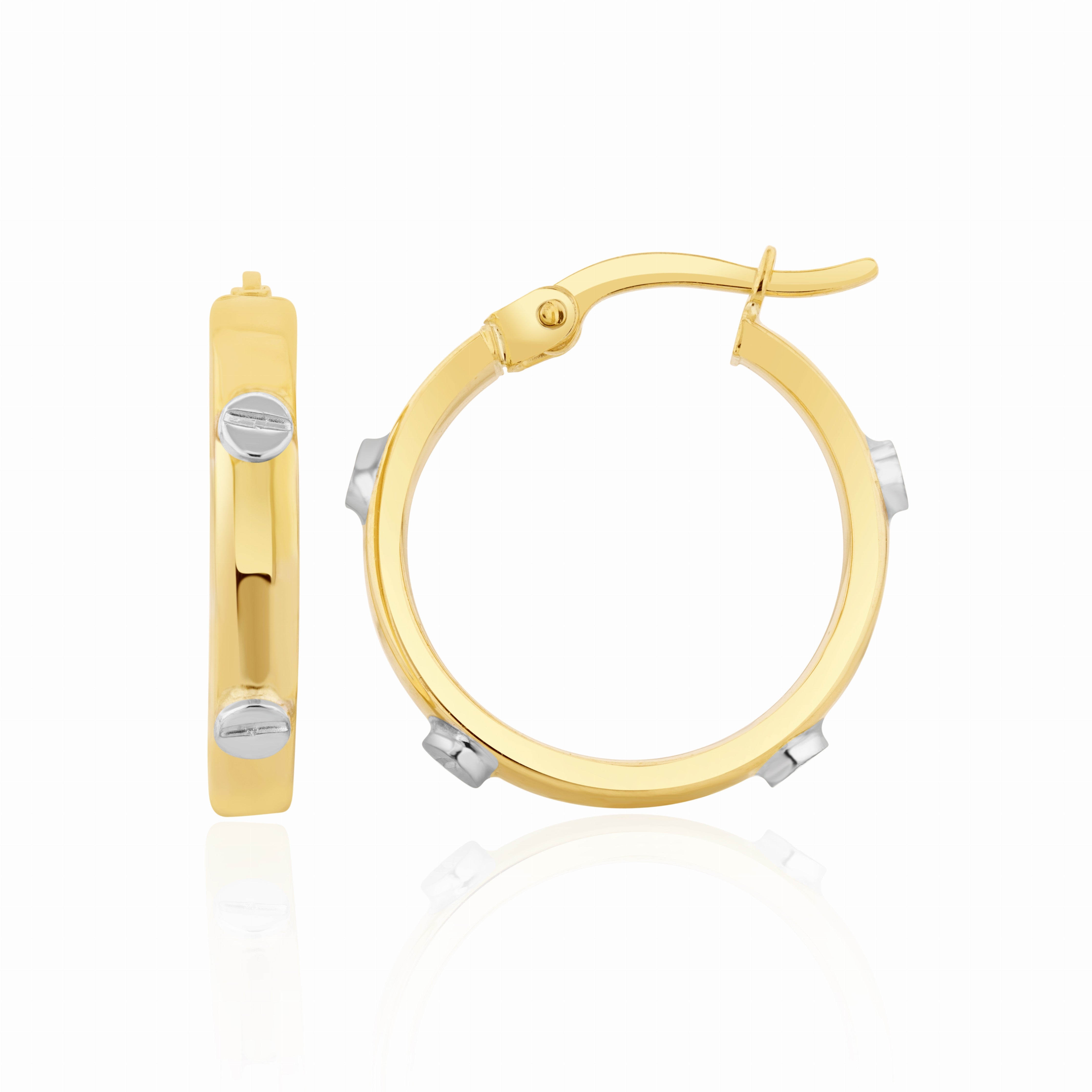 9CT YG SQUARE PROFILE HOOP EARRINGS WITH WG SCREW MOTIFS. 18MM OUTER DIAMETER