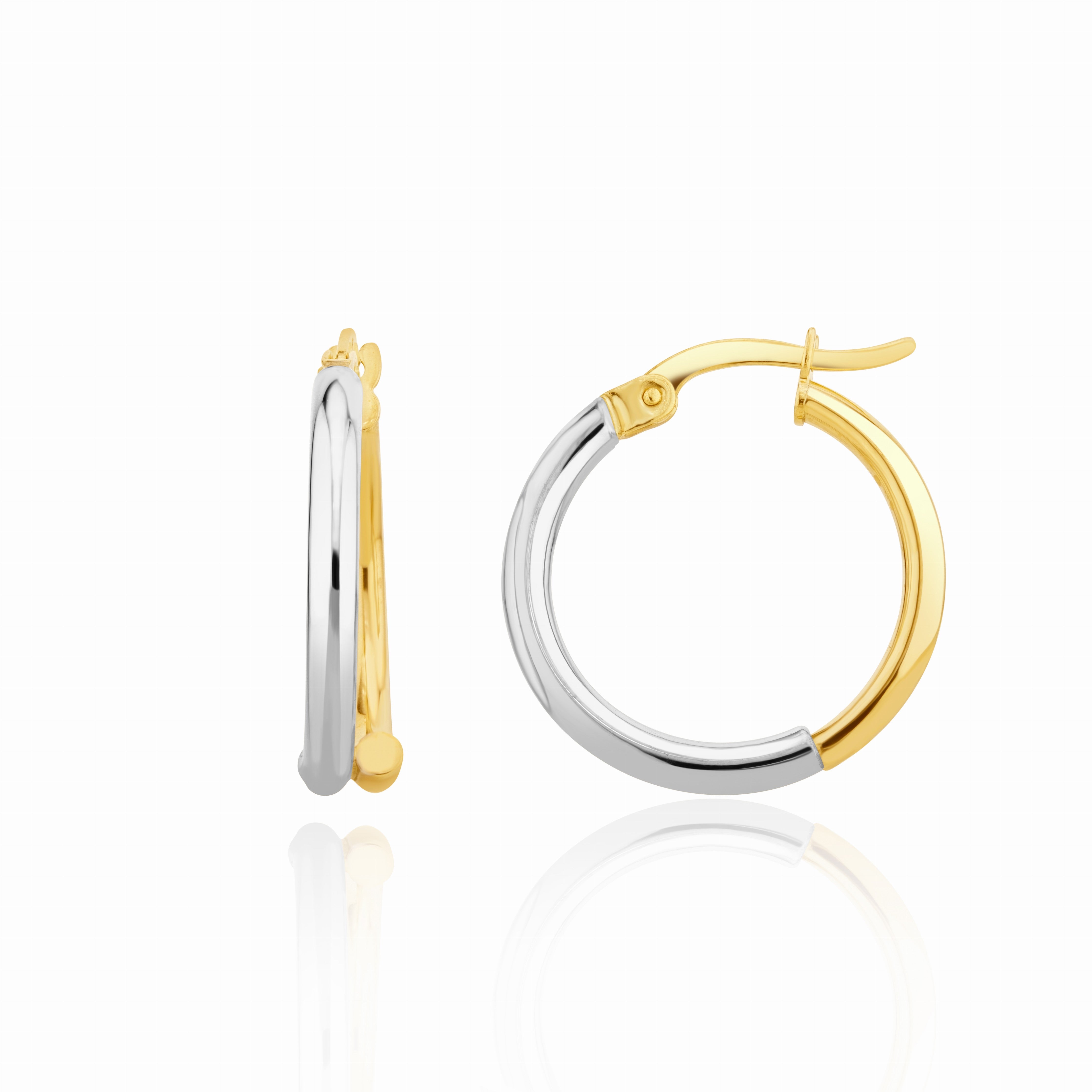 9CT YELLOW AND WHITE GOLD HALF AND HALF CROSS-OVER HOOP EARRINGS