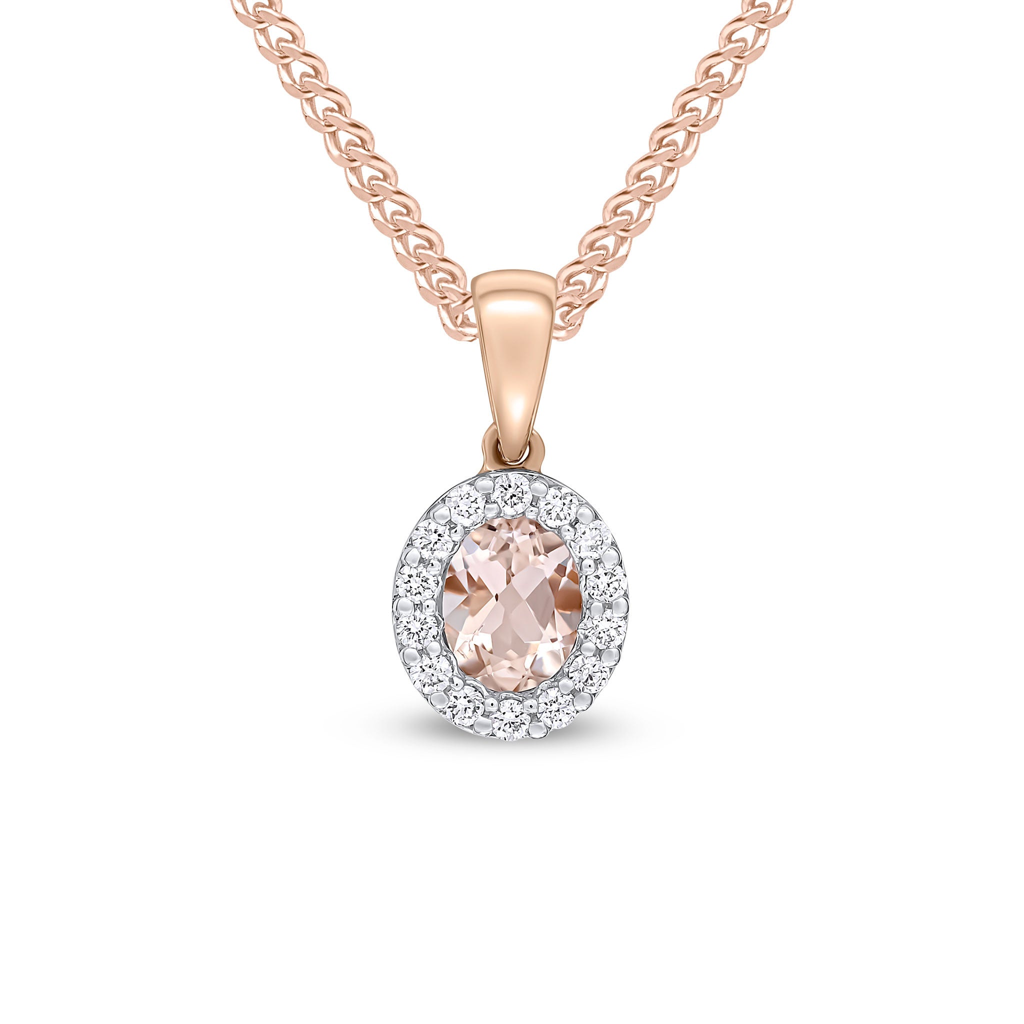 18CT RG 5X4 OVAL MORGANITE & DIAMOND MICROSET CLUSTER PENDANT