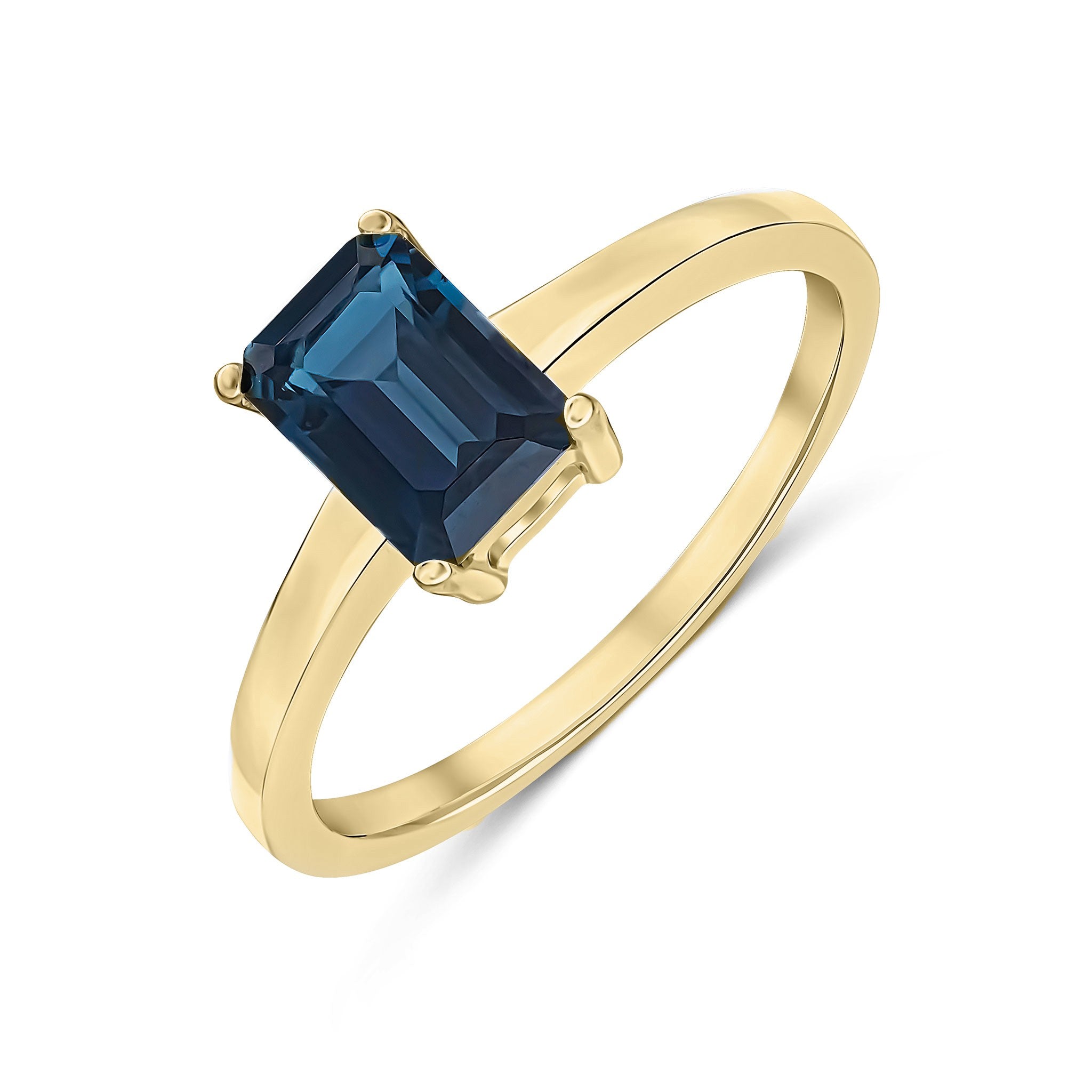 9CT YG 7X5MM OCTAGON LONDON BLUE TOPAZ CLAW SET SINGLE STONE RING