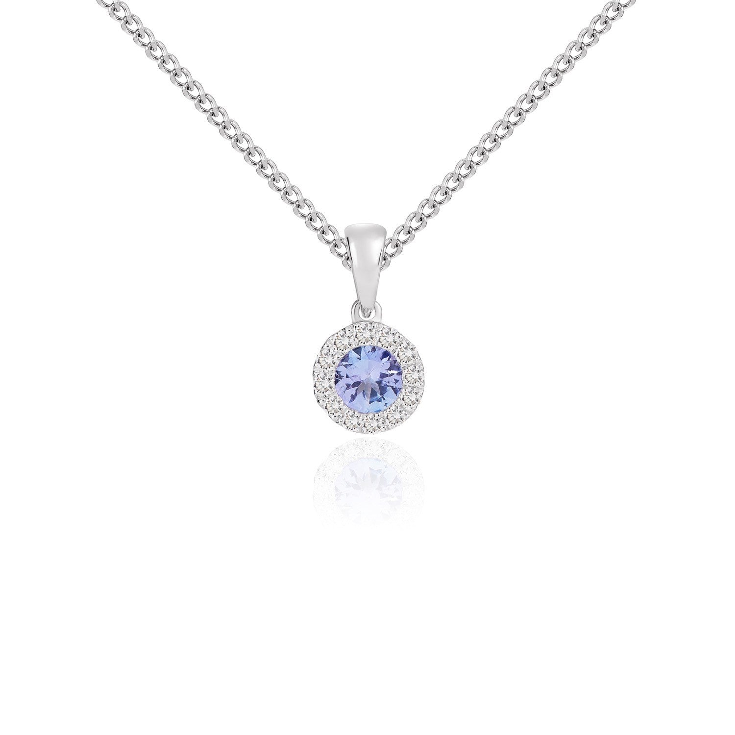 18CT WG 4MM ROUND TANZANITE & DIAMOND MICROSET CLUSTER PENDANT