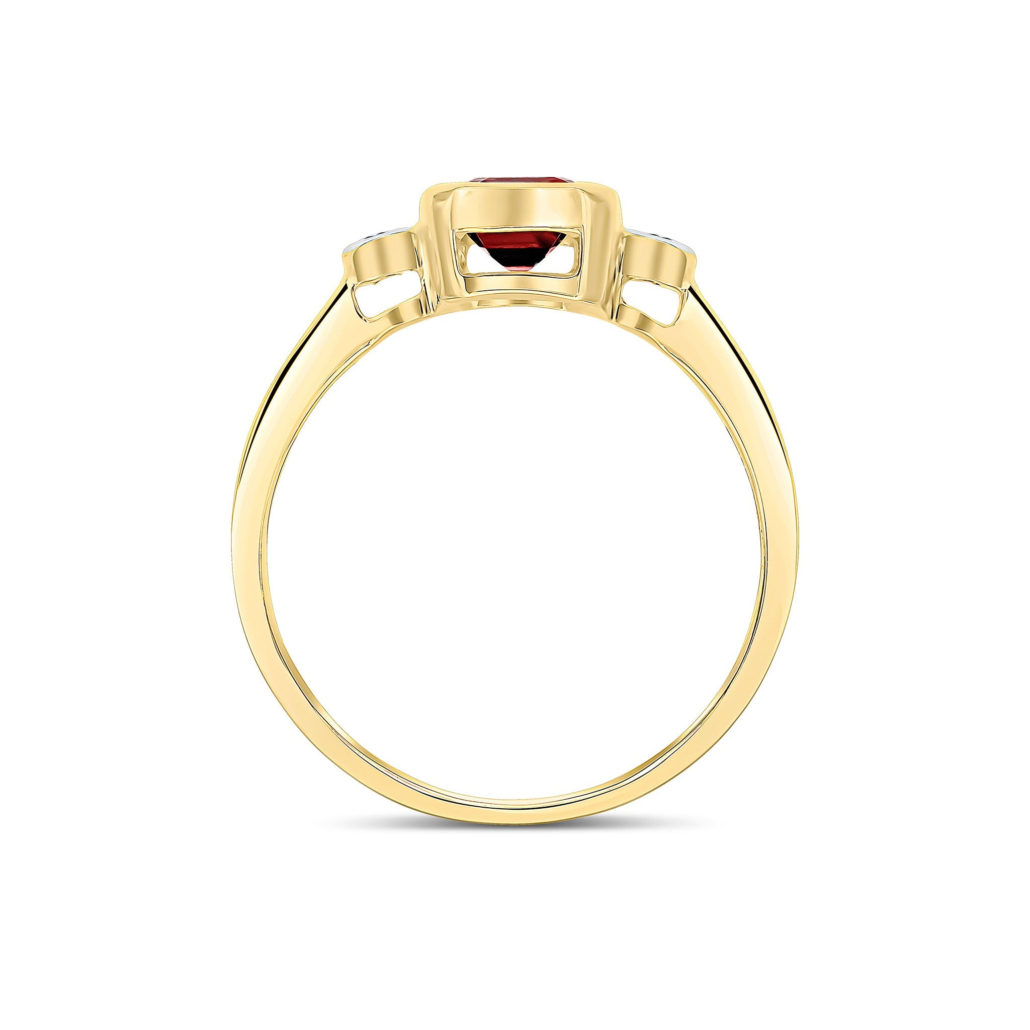 9CT YG 7X5 OCTAGON GARNET AND ROUND DIAMOND 3 STONE RUBOVER RING. RHODIUM TO DIAMONDS