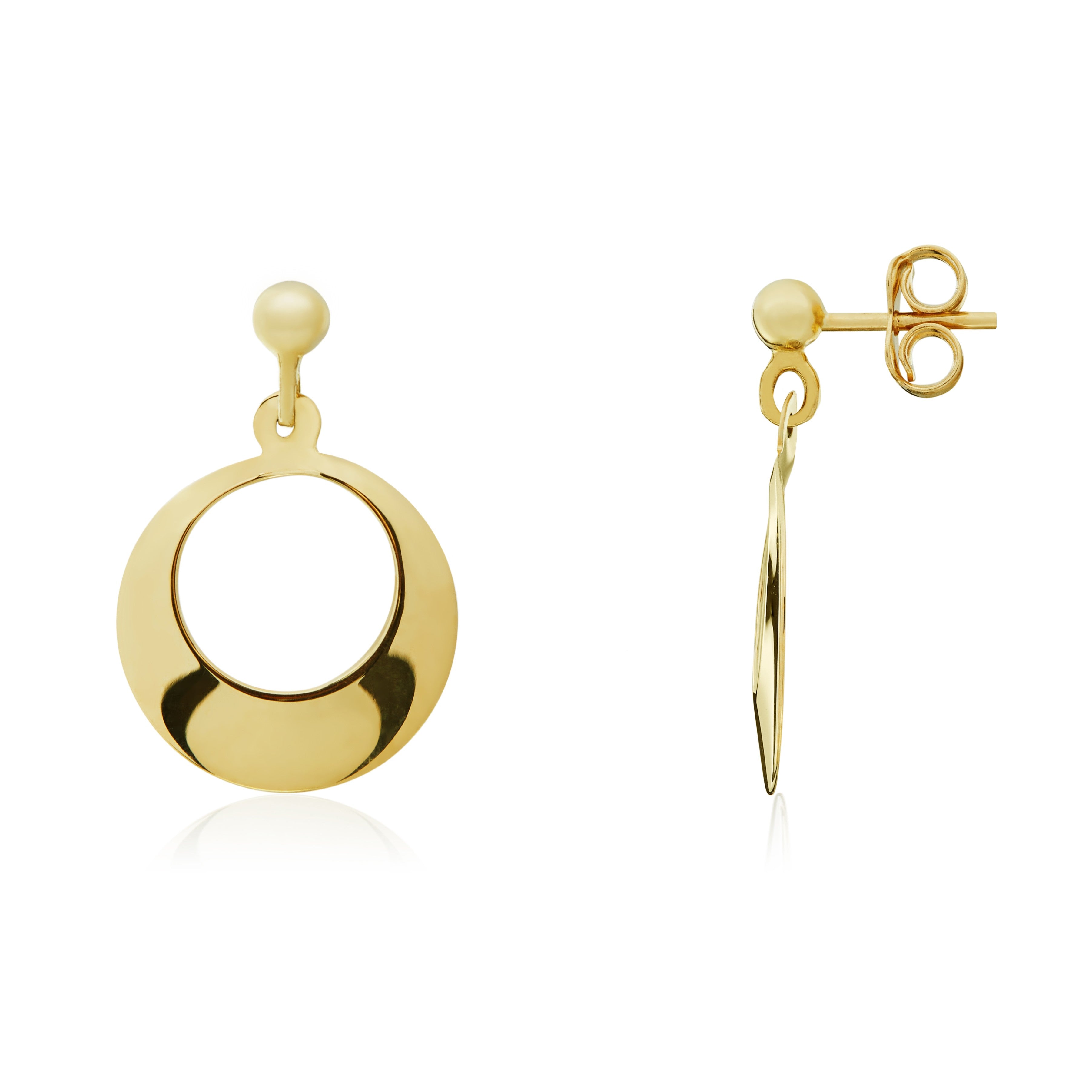 9CT YG POLISHED FLAT OPEN CIRCLE DROP EARRINGS. BALL STUD TOP