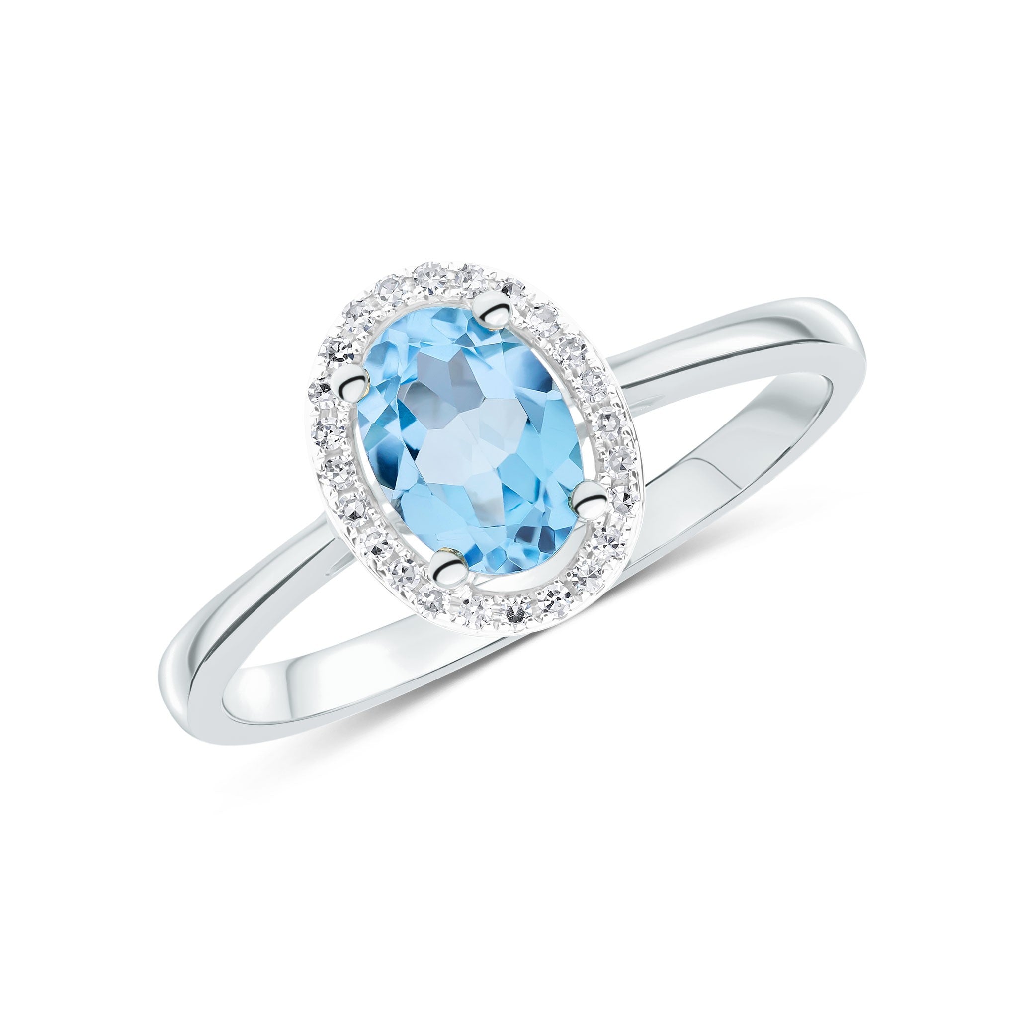9CT WG 7X5 OVAL SWISS BLUE TOPAZ & ROUND DIAMOND HALO CLUSTER RING