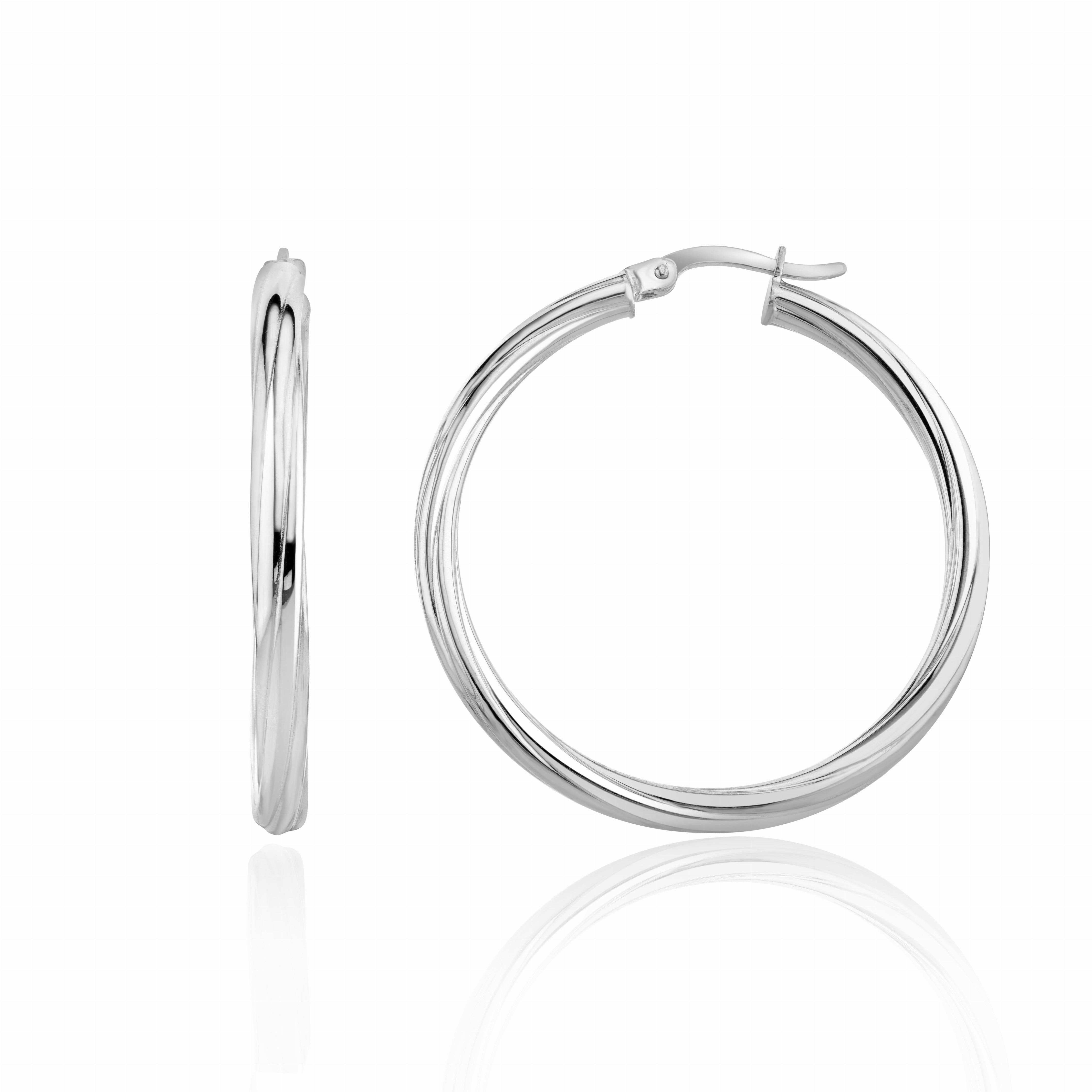 9CT WG 3MM TWIST TUBE HOOP EARRINGS. 36MM OUTER DIAMETER