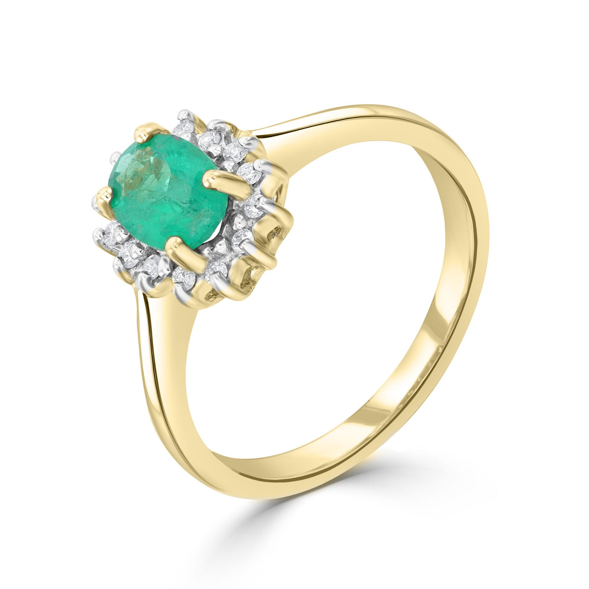9CT YG 7X5 OVAL EMERALD & DIAMOND CLAW SET CLUSTER RING. RHODIUM TO DIAMONDS