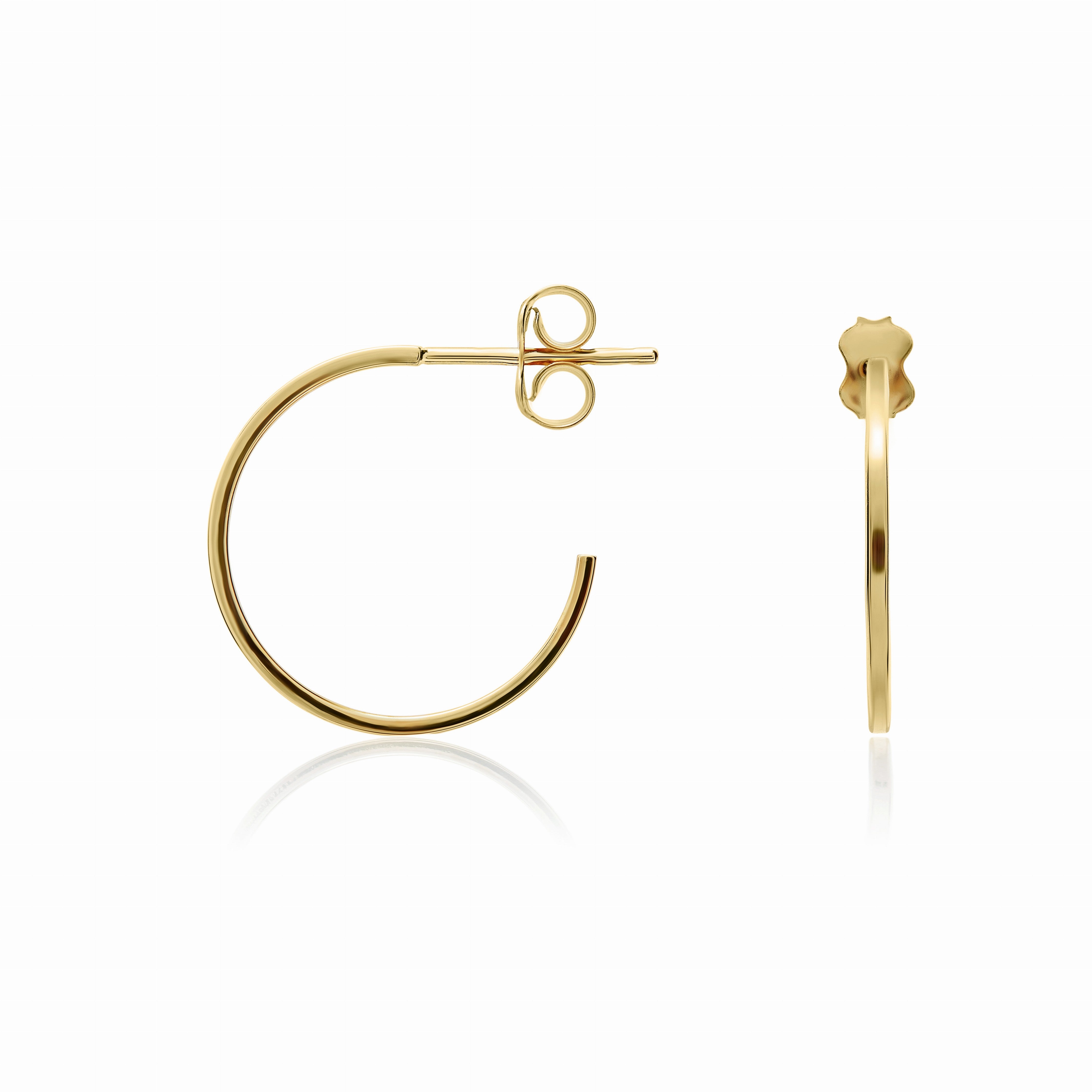 9CT YG 1MM SQUARE TUBE PEG & SCROLL HOOP EARRINGS. 17MM DIAMETER