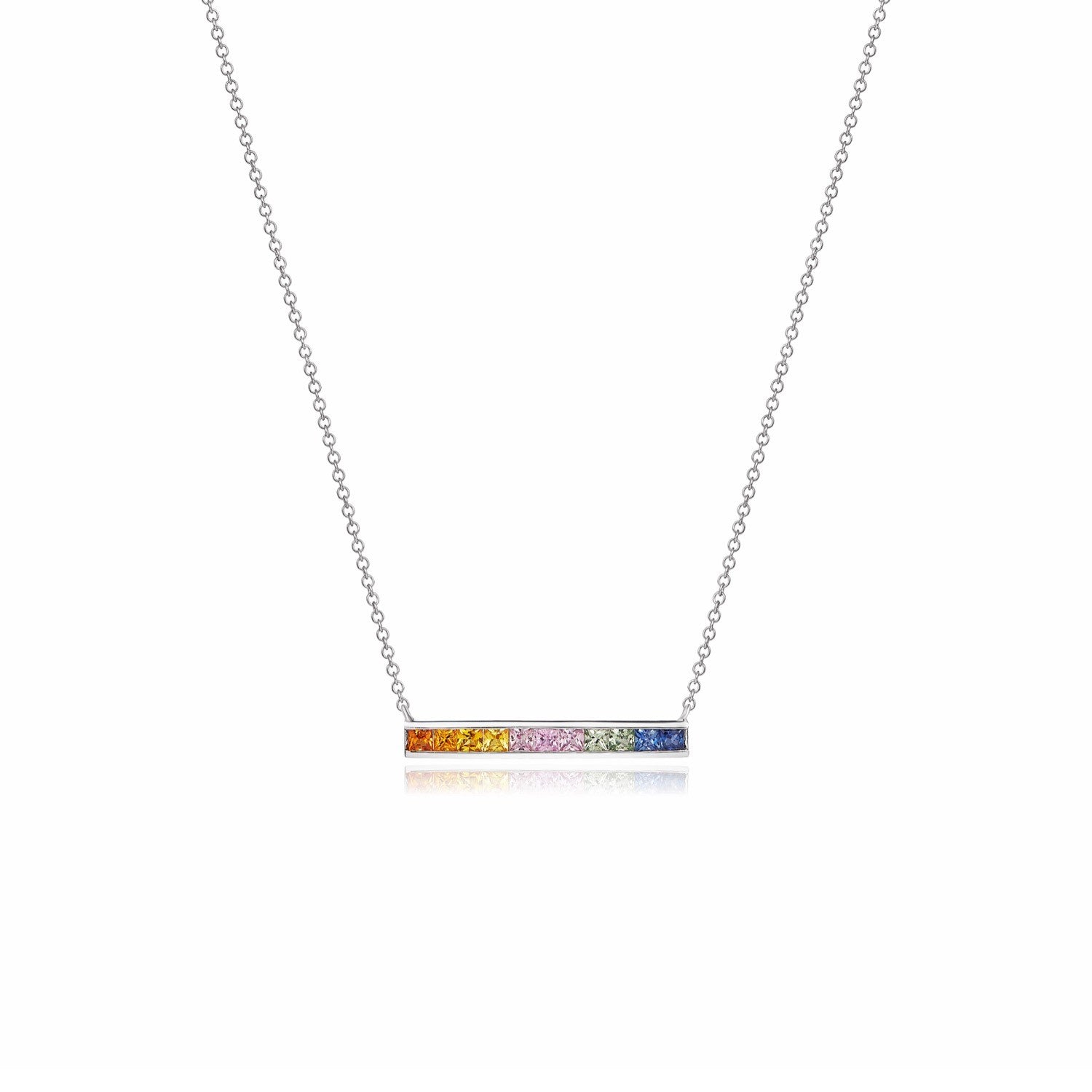 9CT WG SQUARE MULTI-SAPPHIRE CHANNEL SET BAR ON CHAIN NECKLACE