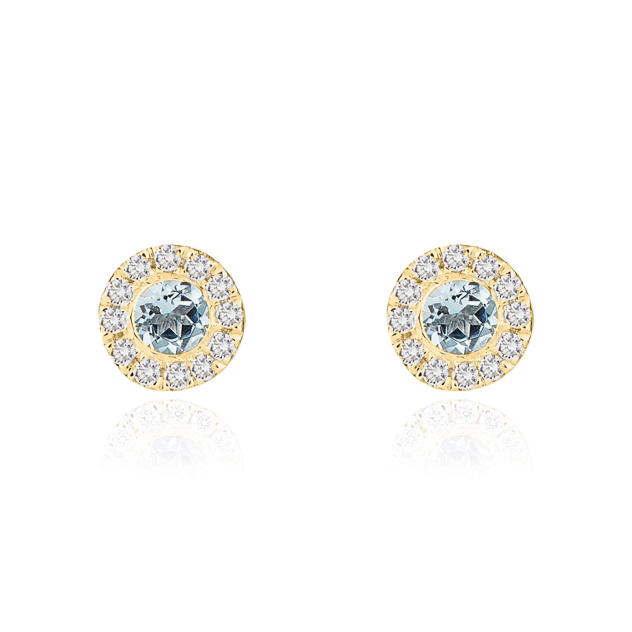 18CT YG 3MM ROUND AQUA AND DIAMOND MICROSET CLUSTER EARRINGS