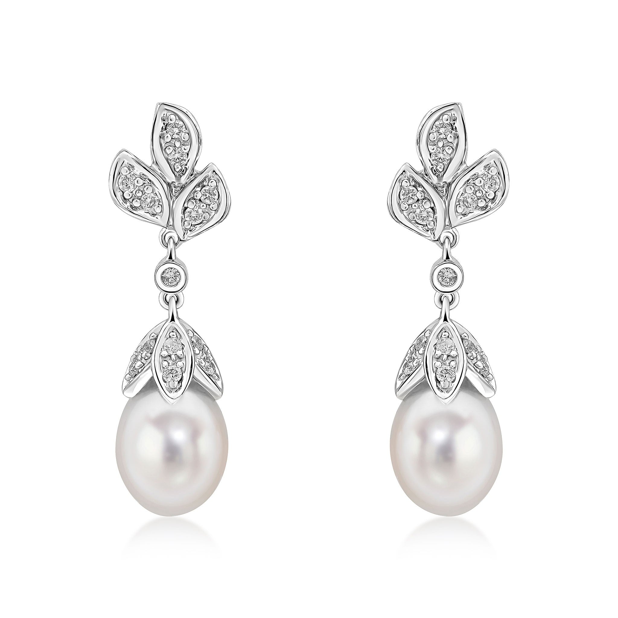 9CT WG CFW PEARL AND DIAMOND SET FLORAL DROP EARRINGS