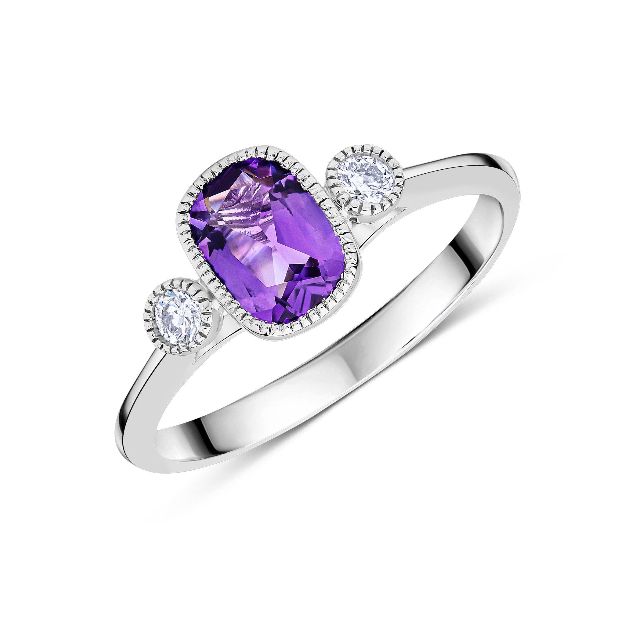 9CT WG 7X5 CUSHION AMETHYST & ROUND DIAMOND MILLEGRAIN SET 3ST RING