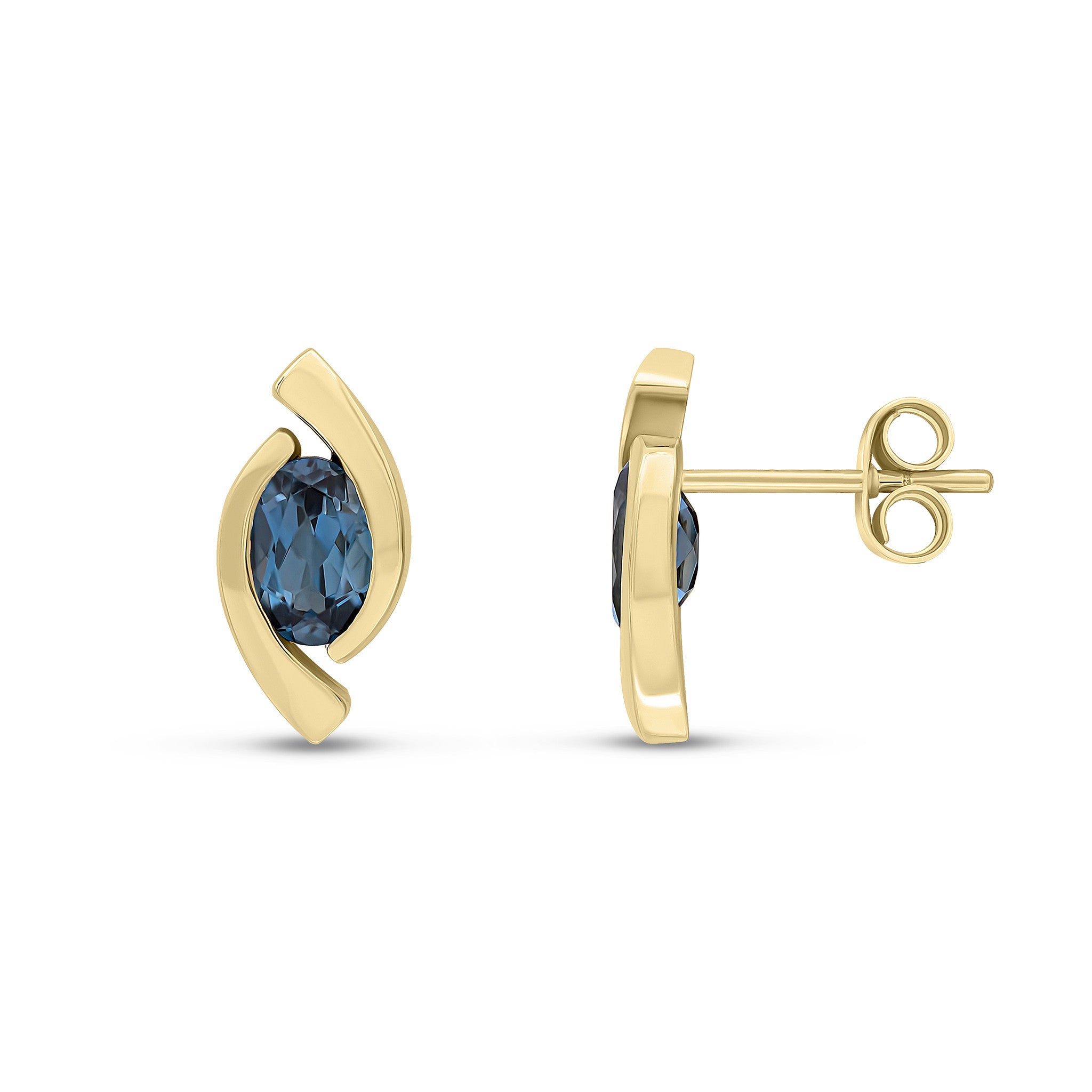 9CT YG 6X4 OVAL LONDON BLUE TOPAZ 'EYE' STUD EARRINGS