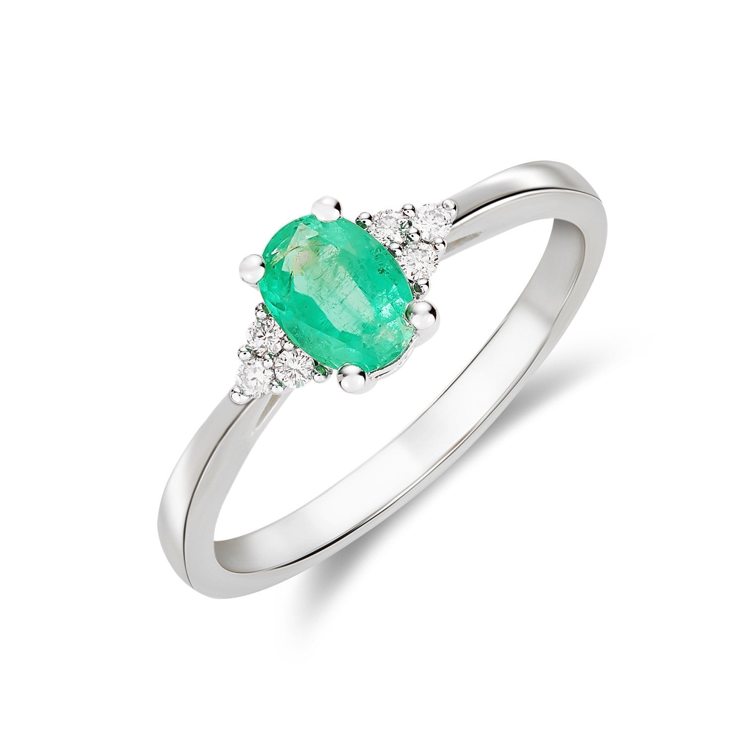 9CT WG 7X5 OVAL EMERALD & DIAMOND TREFOIL SHOULDERS CLAW SET RING