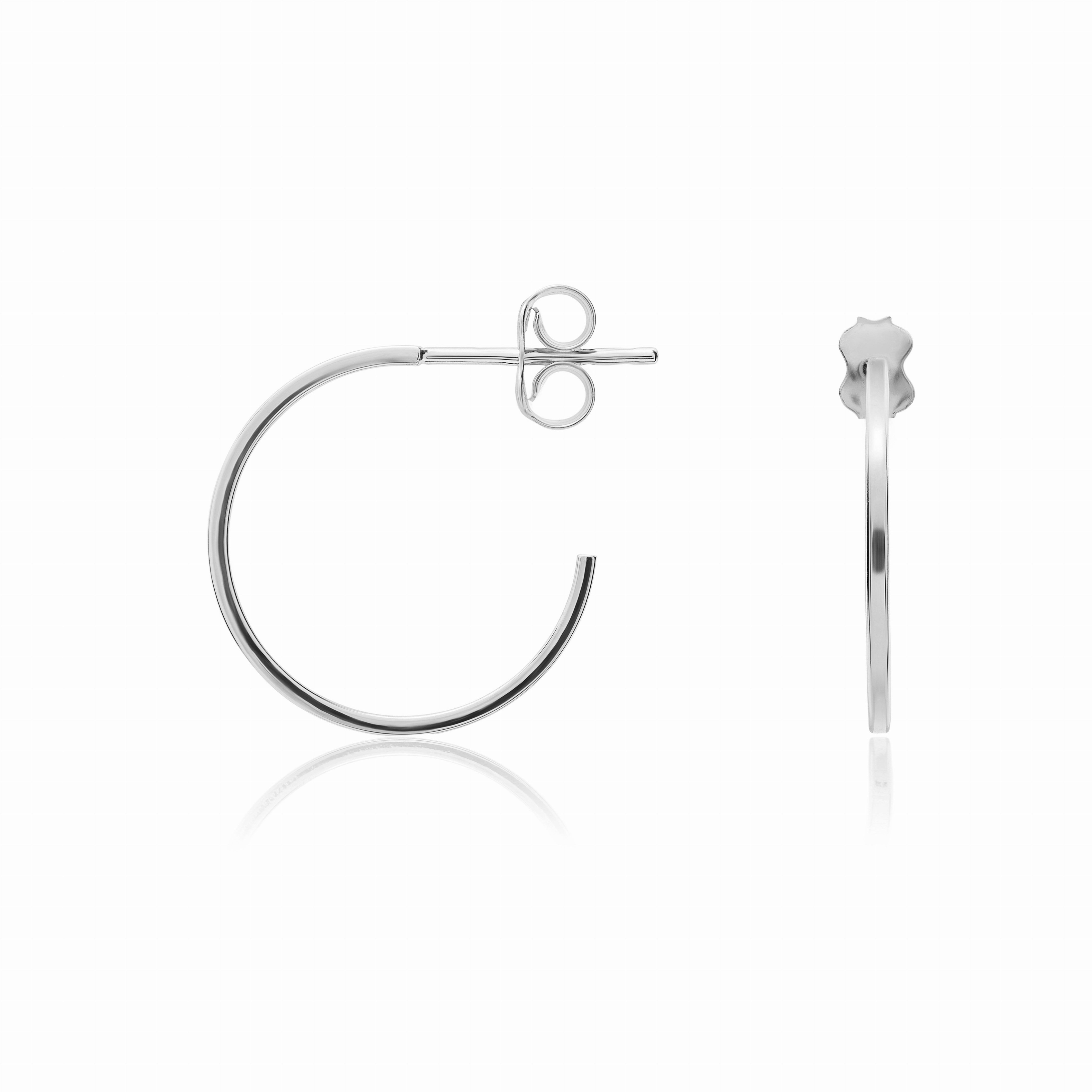 9CT WG 1MM SQUARE TUBE PEG & SCROLL HOOP EARRINGS. 17MM DIAMETER