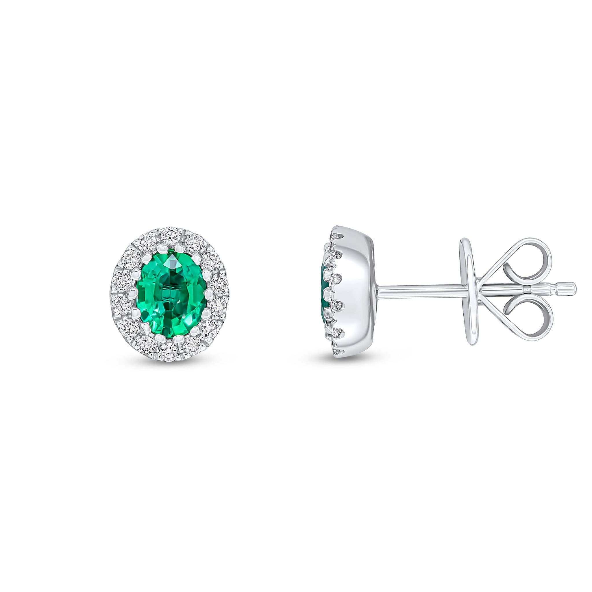 18CT WG 5X4 OVAL EMERALD AND ROUND DIAMOND CLAW SET CLUSTER EARRINGS