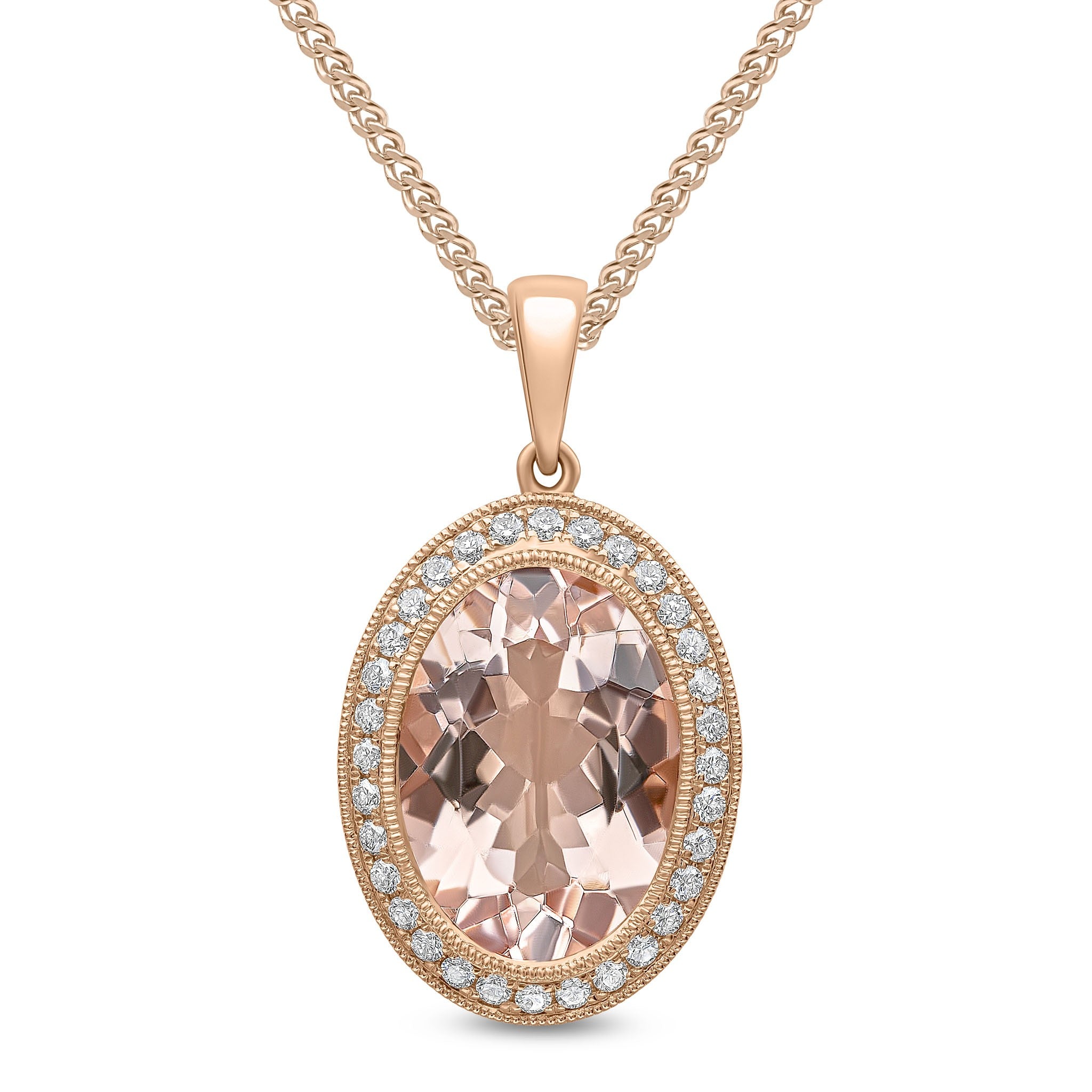 18CT RG 14X10 OVAL MORGANITE & DIAMOND CLUSTER PENDANT