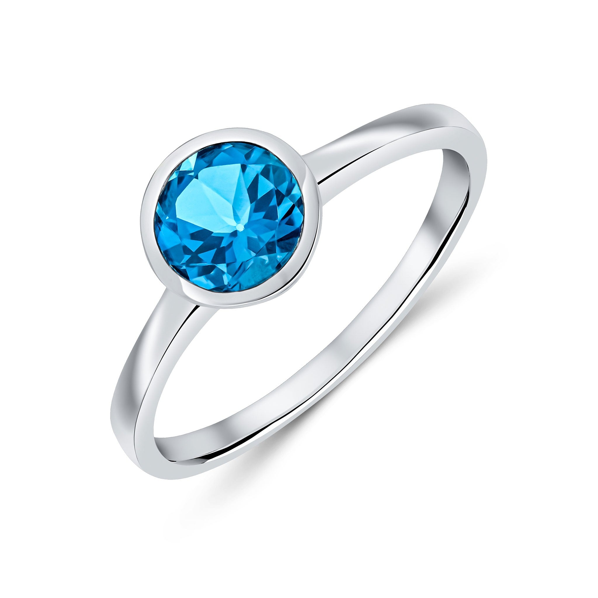 9CT WG 6MM ROUND LONDON BLUE TOPAZ RUBOVER SET SINGLE STONE RING