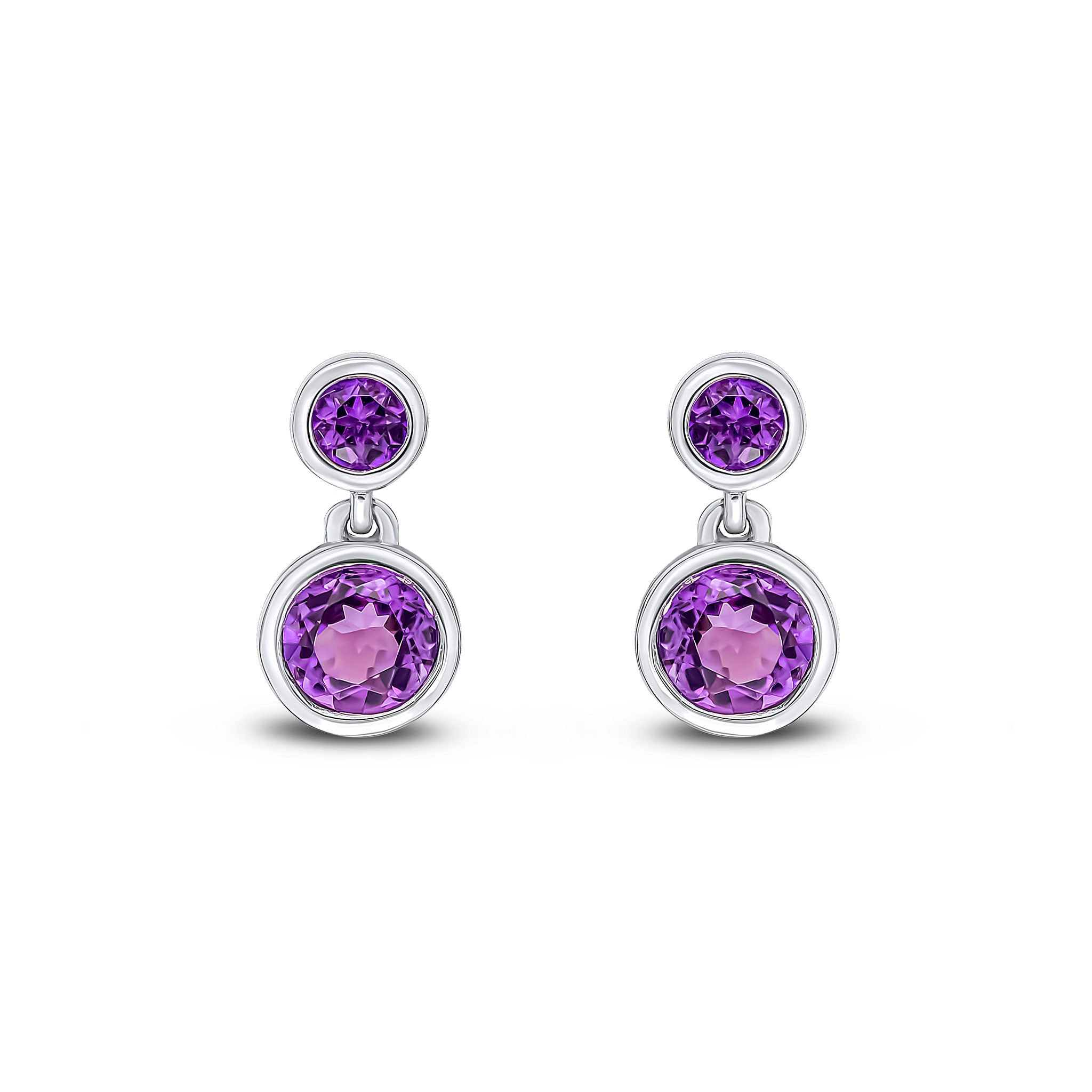 9CT WHITE GOLD ROUND AMETHYST RUBOVER 2ST DROP EARRINGS