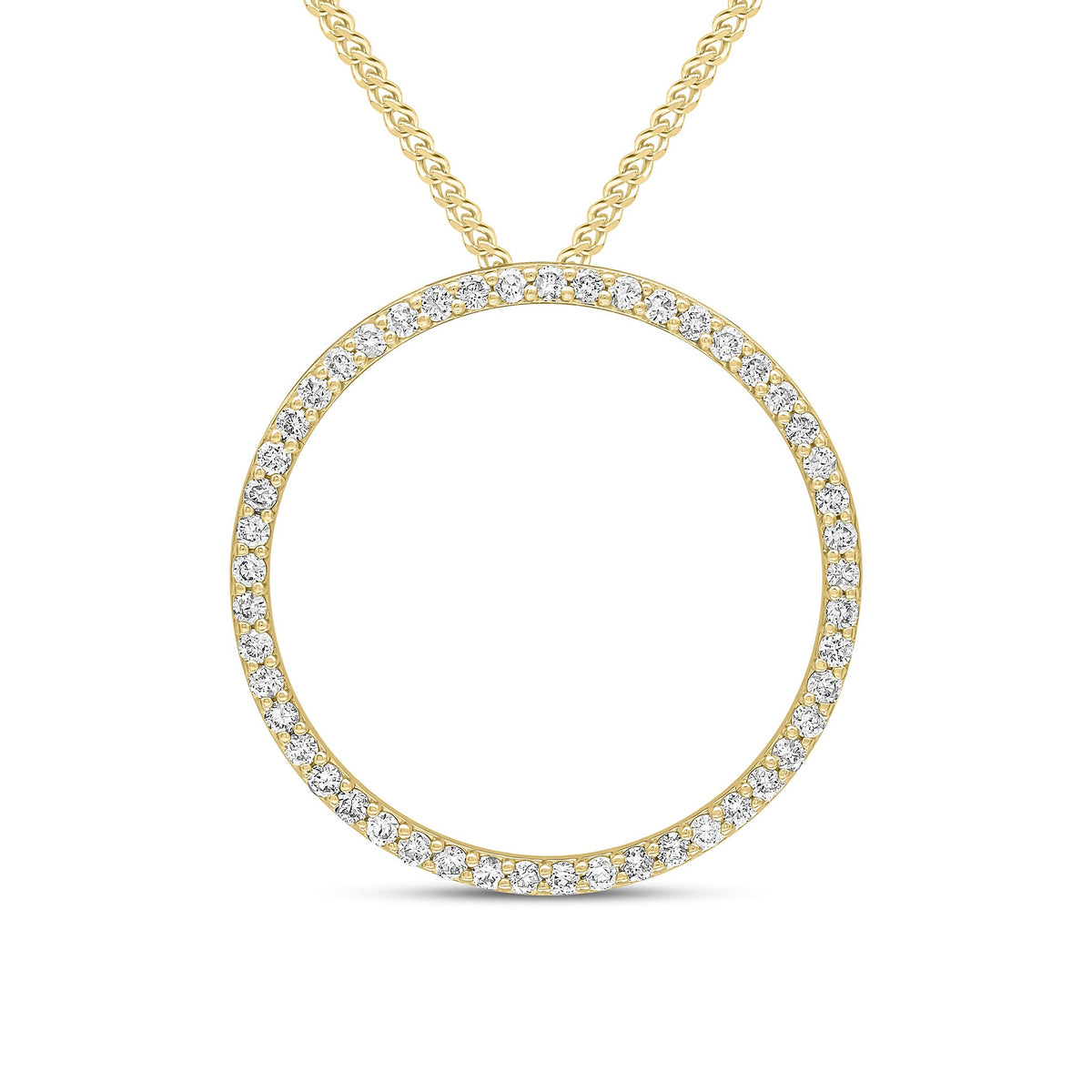 18CT YELLOW GOLD ROUND DIAMOND CLAW SET OPEN CIRCLE SLIDER PENDANT. 27MM