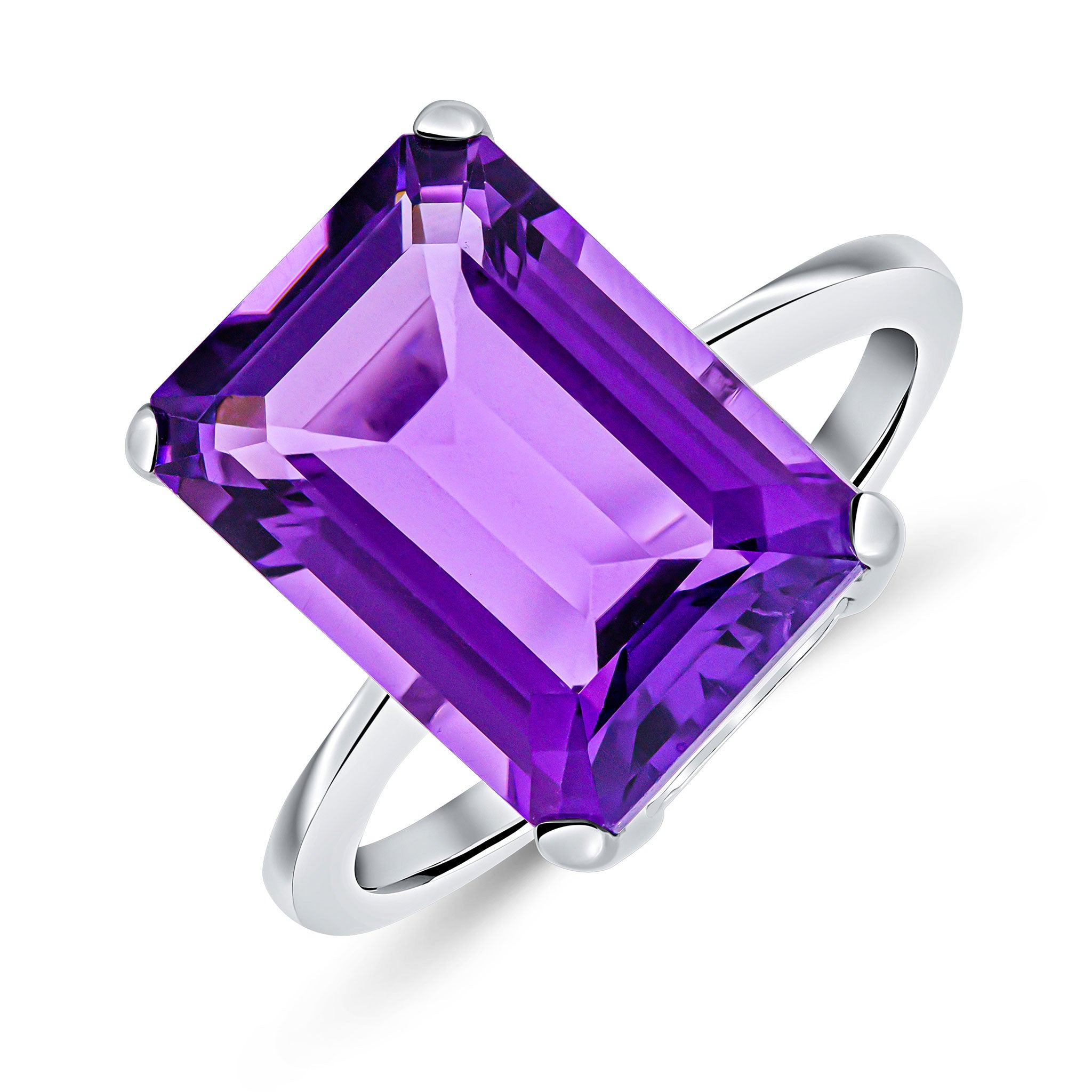 9CT WG 14X10MM OCTAGON AMETHYST CLAW SET SINGLE STONE RING