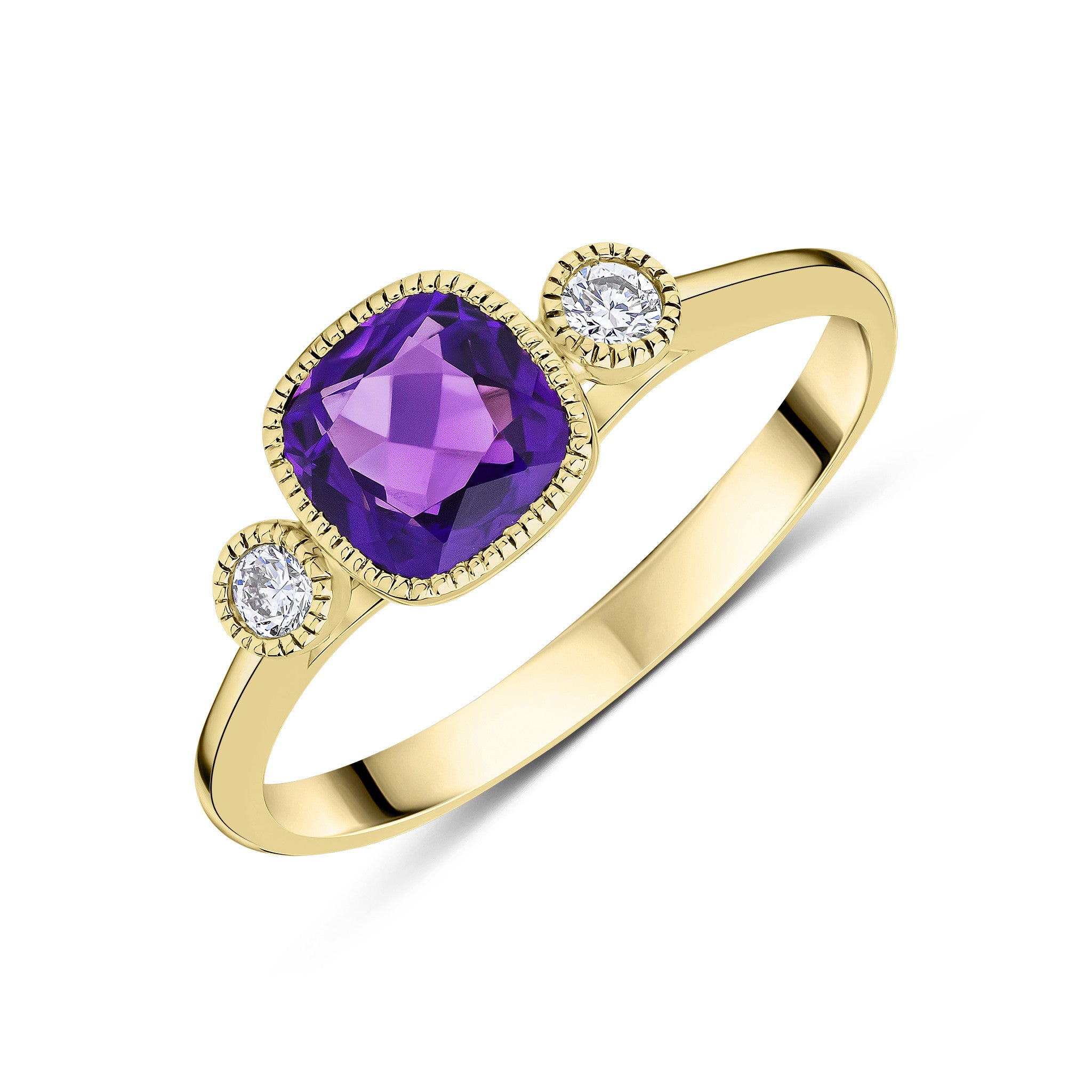 9CT YG 6MM CUSHION AMETHYST & ROUND DIAMOND MILLEGRAIN SET 3ST RING