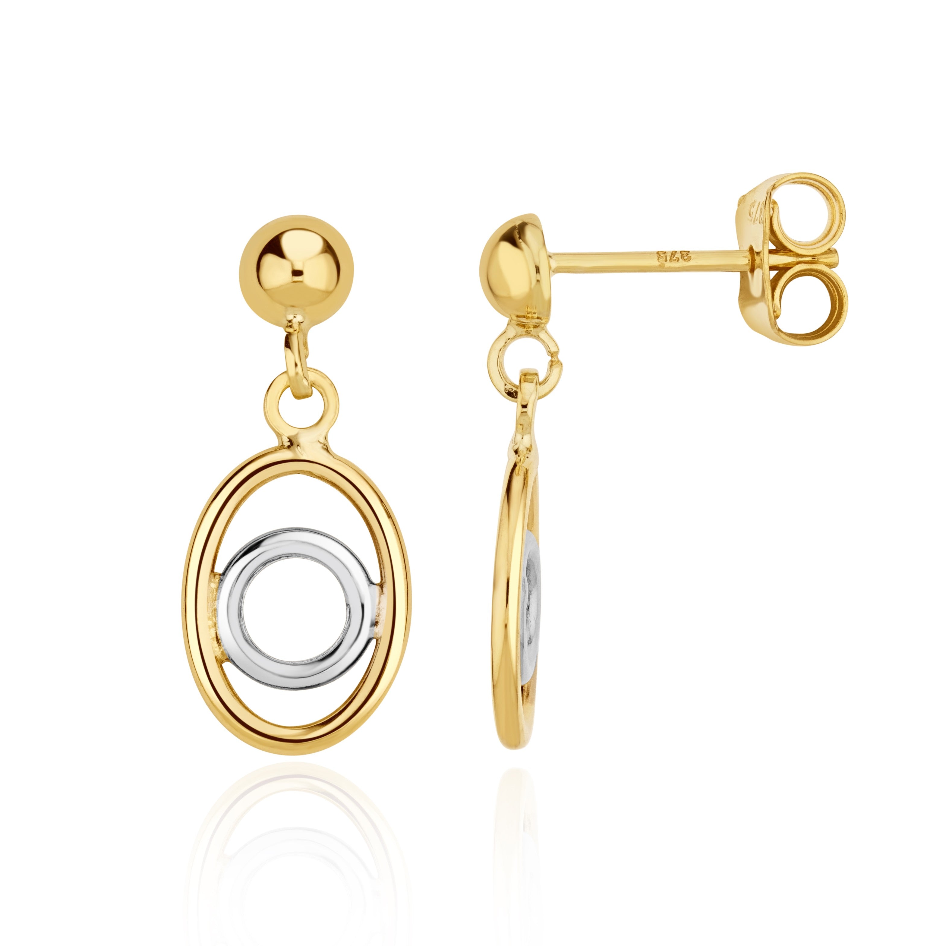 9CT YWG OVAL AND ROUND DROP EARRINGS WITH HALF BEAD TOP