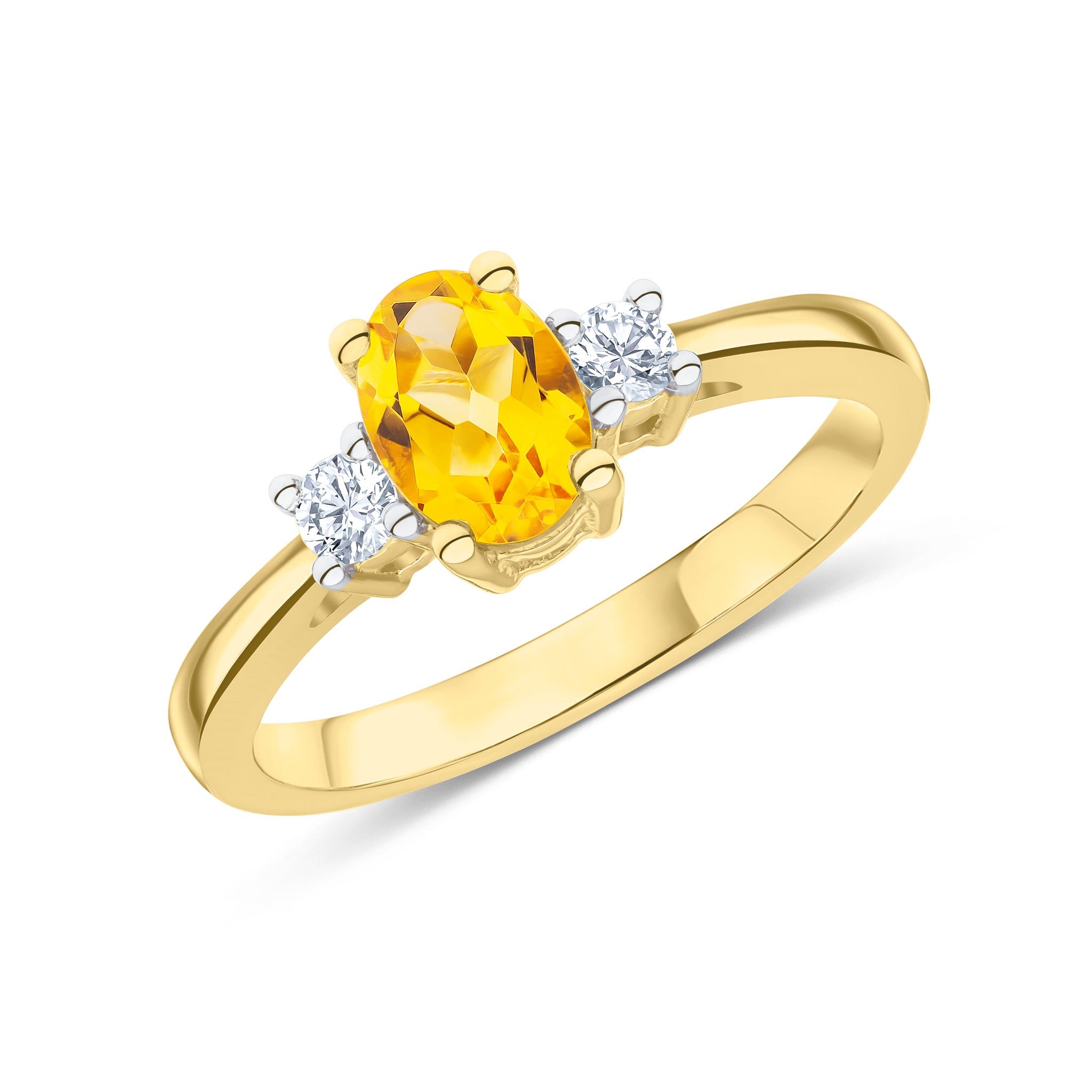 9CT YG 7X5 OVAL CITRINE AND ROUND DIAMOND CLAW SET 3ST RING. RHODIUM TO DIAMONDS