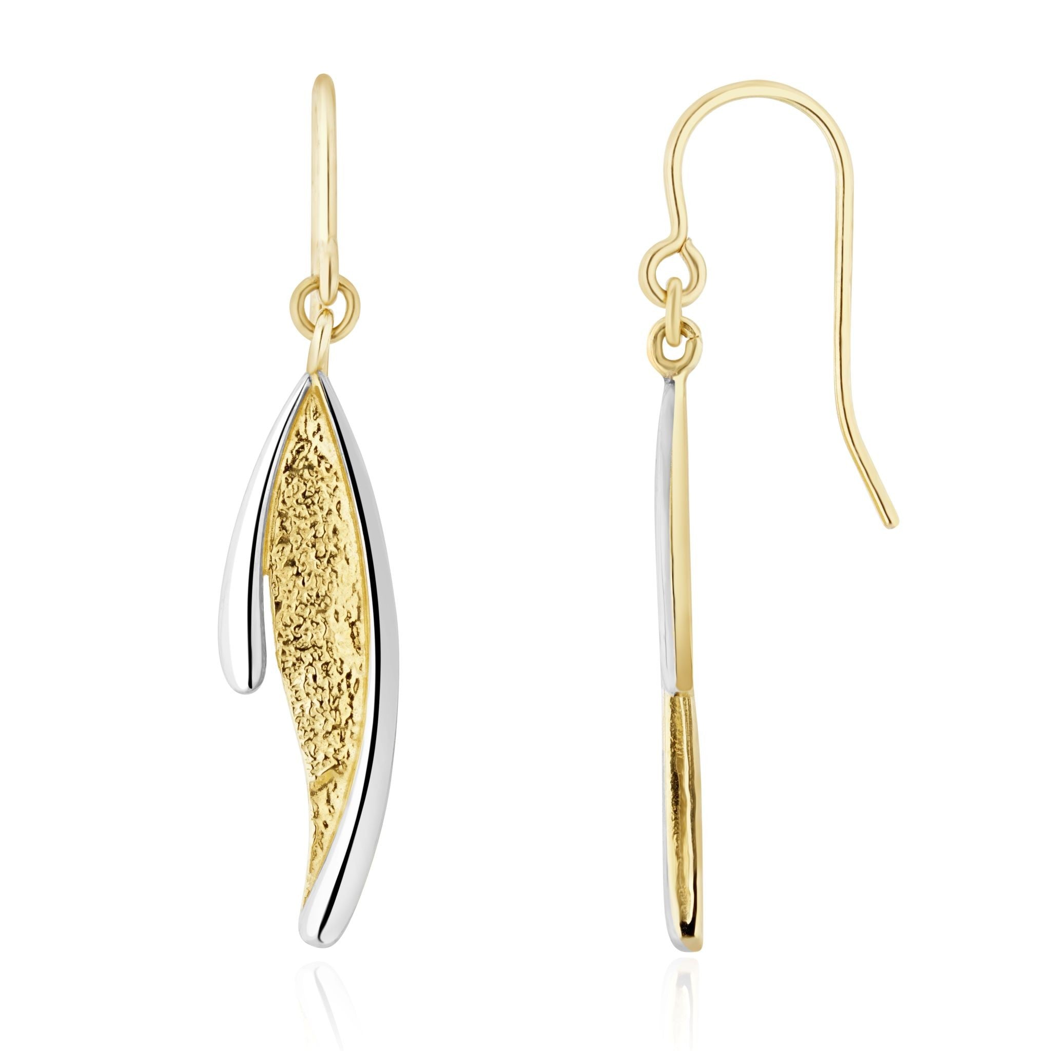 9CT YWG TEXTURED FINISH 'LEAF' DROP EARRINGS WITH HOOK WIRE FITTING