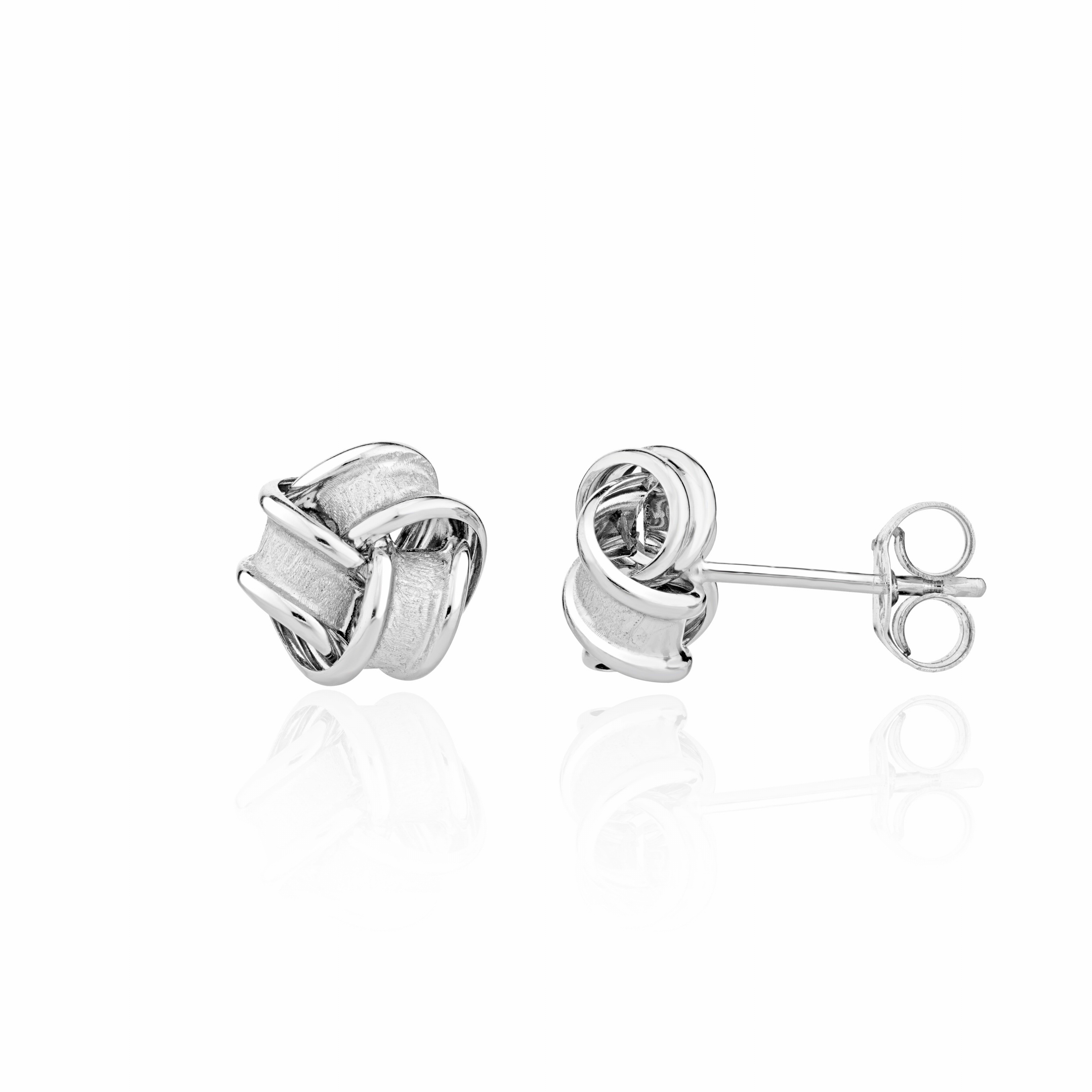 9CT WHITE GOLD FROSTED AND POLISHED RIBBON KNOT STUD EARRINGS 7.5MM
