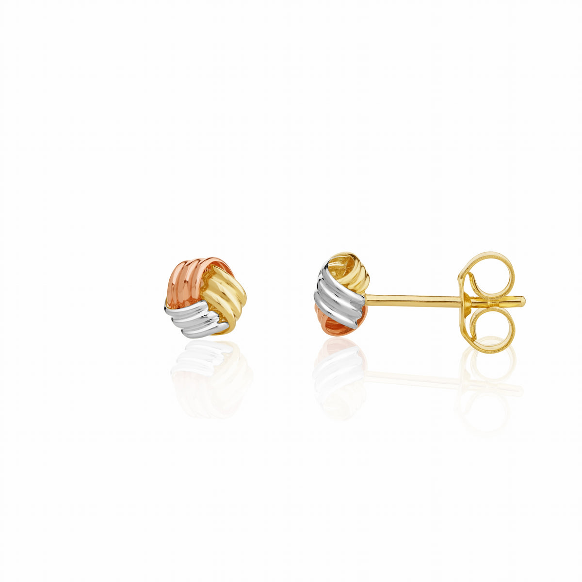9CT YELLOW, WHITE AND ROSE GOLD SMALL RIBBED KNOT EARRINGS