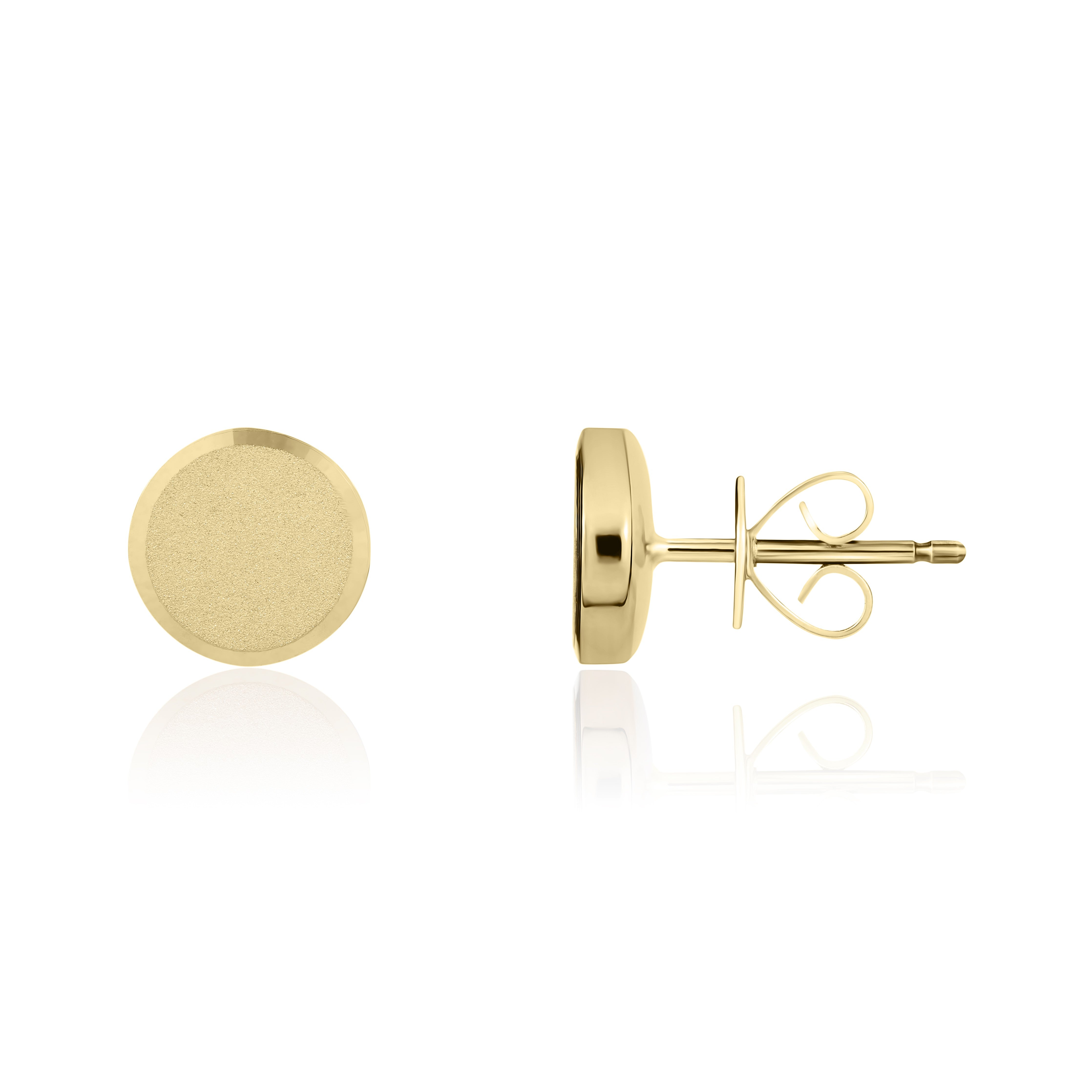 9CT YELLOW GOLD FLAT SATIN DISC STUD EARRINGS WITH POLISHED BEVELLED EDGE. 10.5MM