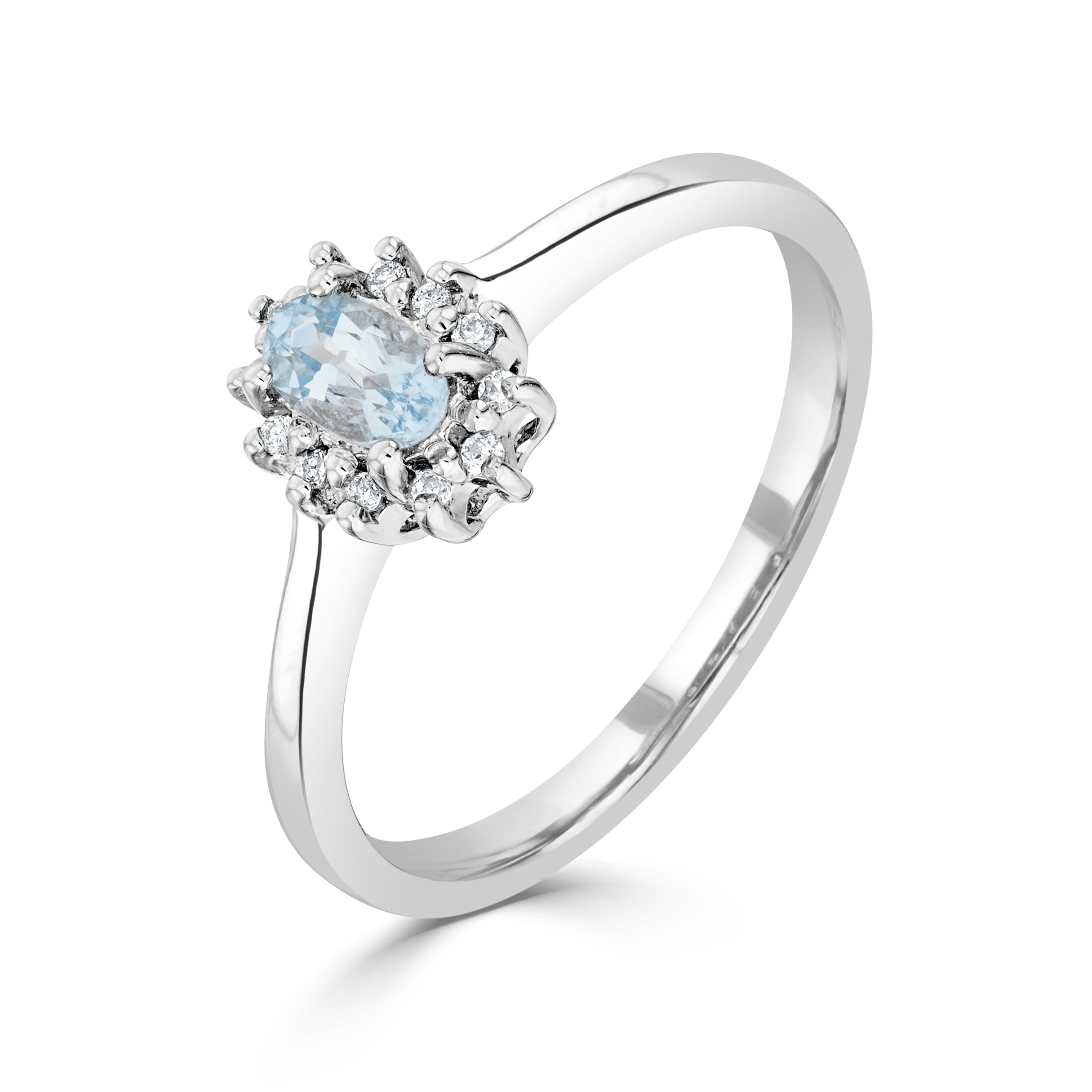 9CT WG 5X3 OVAL AQUA & DIAMOND CLAW SET CLUSTER RING