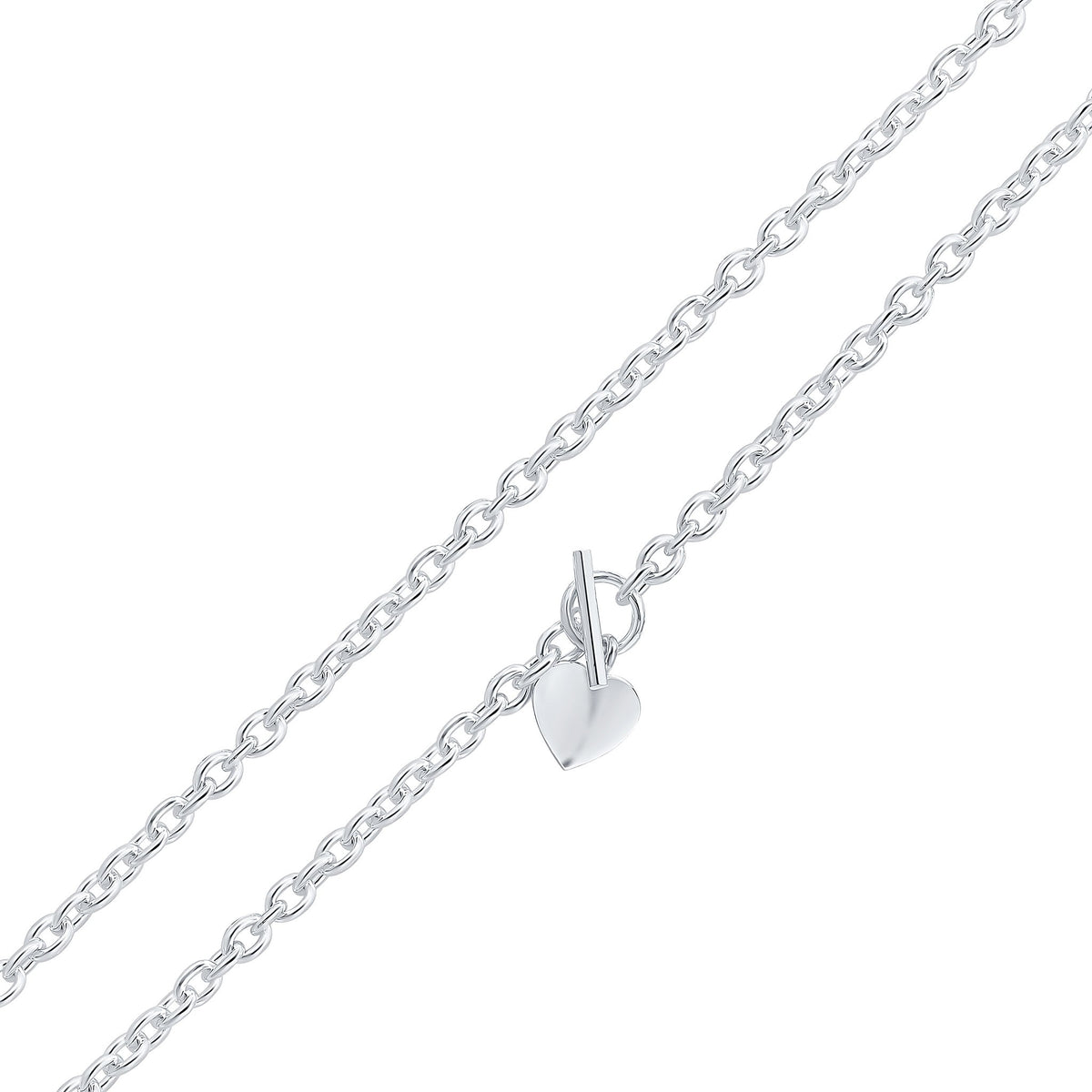 Silver 7mm Cable Chain T-Bar Heart 7.5"