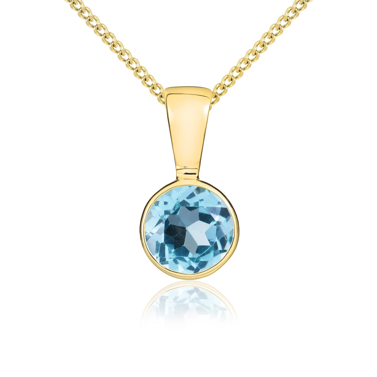 9CT YG 5MM ROUND SWISS BLUE TOPAZ RUBOVER SET PENDANT