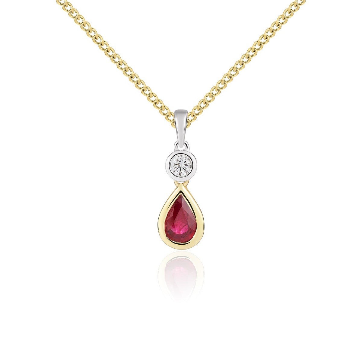 18CT YWG PEARSHAPE RUBY AND ROUND DIAMOND 2ST RUBOVER PENDANT