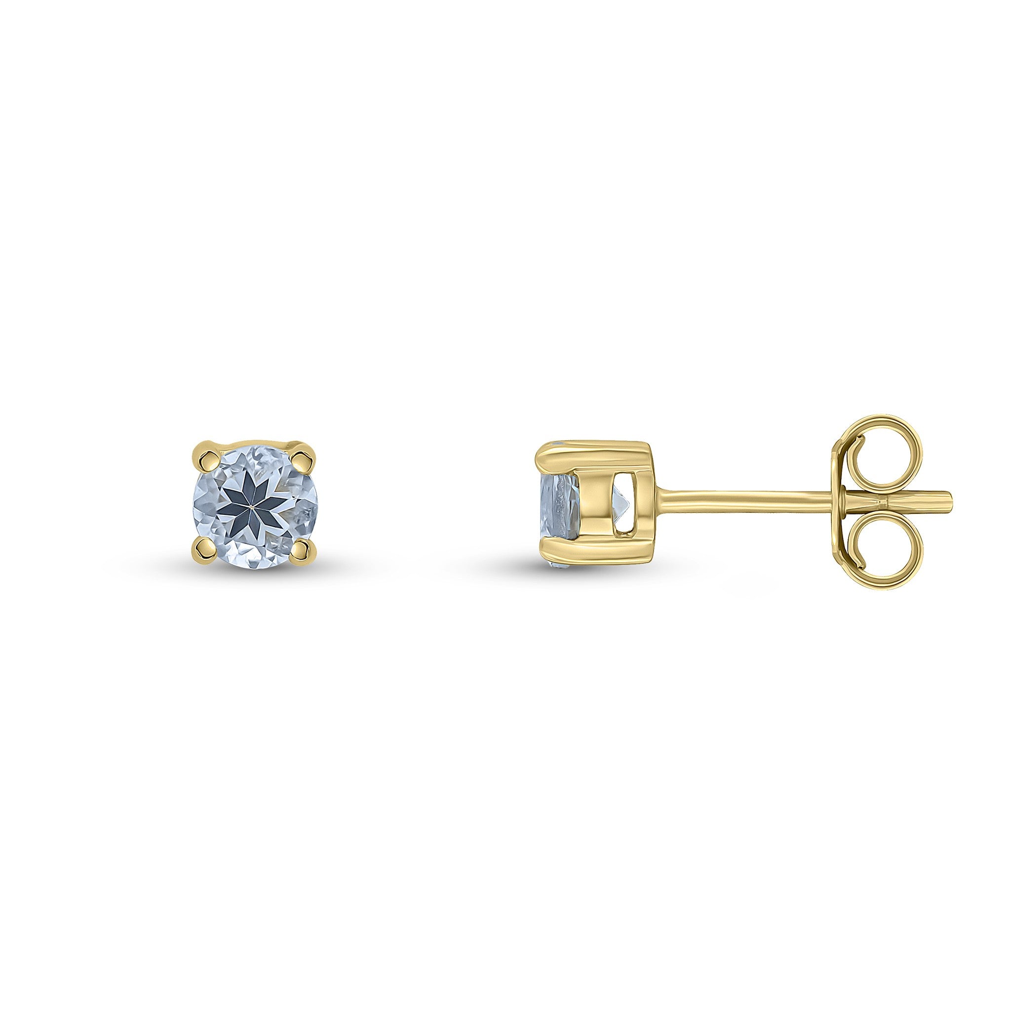 9CT YG 4MM ROUND AQUA 4 CLAW EARRINGS