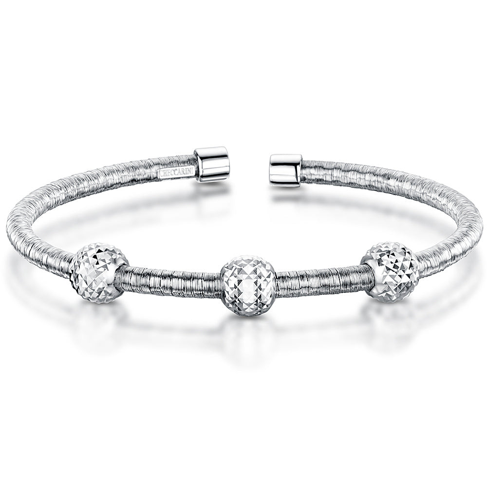 Sterling Silver Cuff Bangle With 3 White Faceted Balls