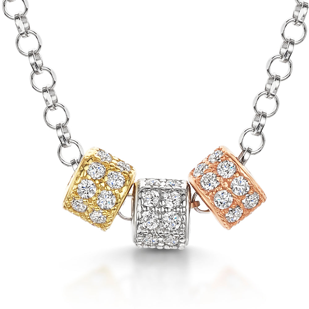 Sterling Silver Necklace With Three Rose Gold And Silver Rings Set With White Cubic Zirconia Stones