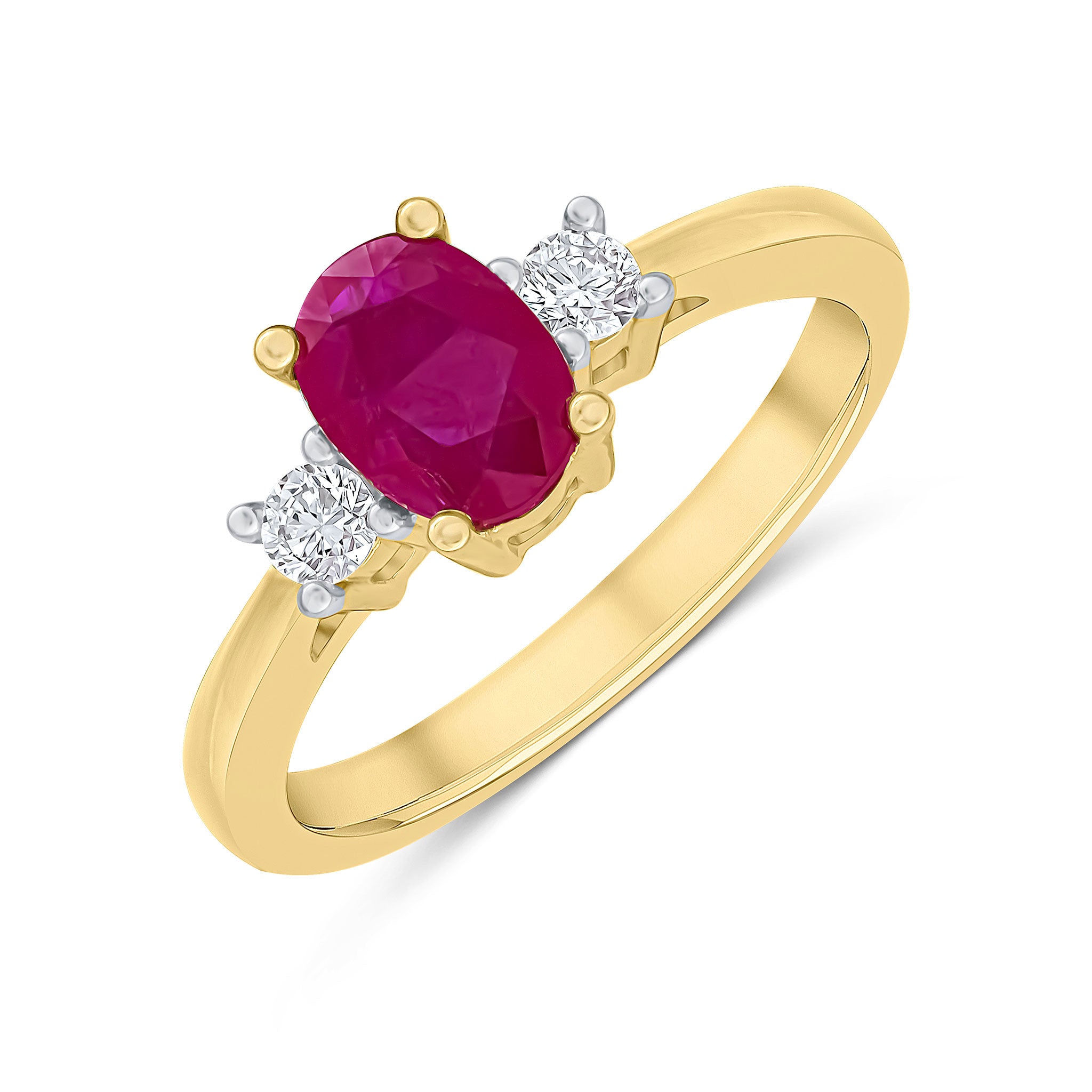 9CT YELLOW GOLD OVAL RUBY AND ROUND DIAMOND CLAW SET 3ST RING. RHODIUM TO DIAMONDS