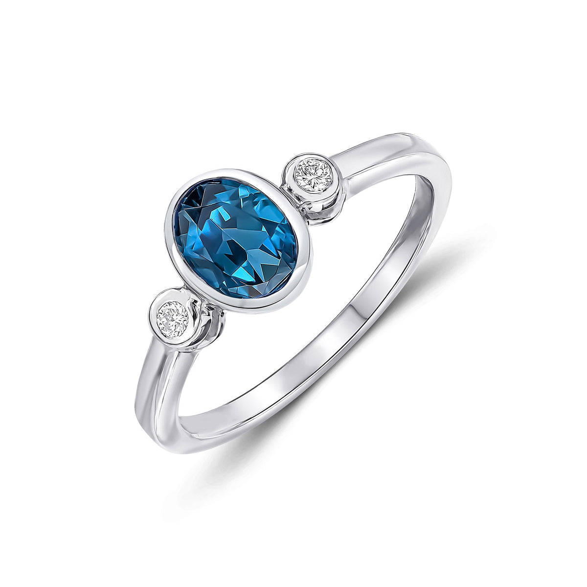9CT WG 7X5 OVAL LONDON BLUE TOPAZ AND ROUND DIAMOND 3ST RUBOVER RING