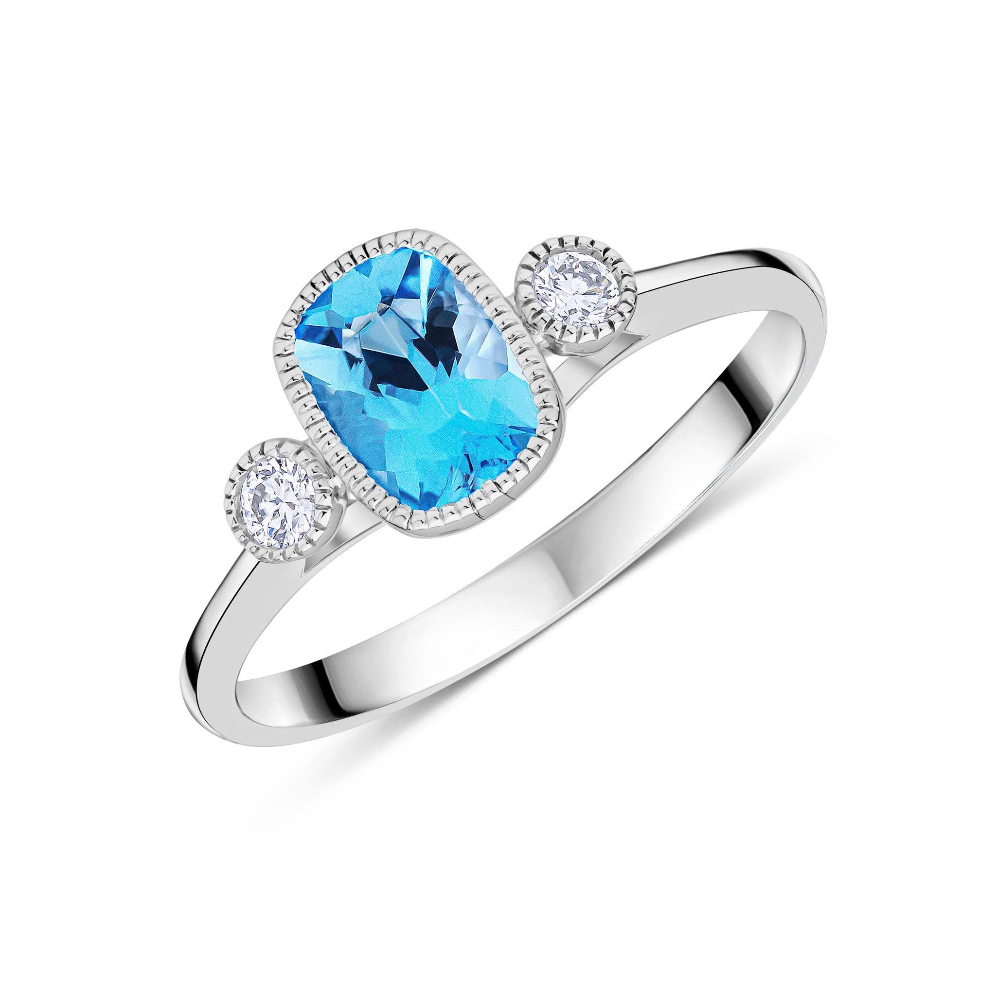 9CT WG 7X5 CUSHION SWISS BLUE TOPAZ & ROUND DIAMOND MILLEGRAIN SET 3ST RING
