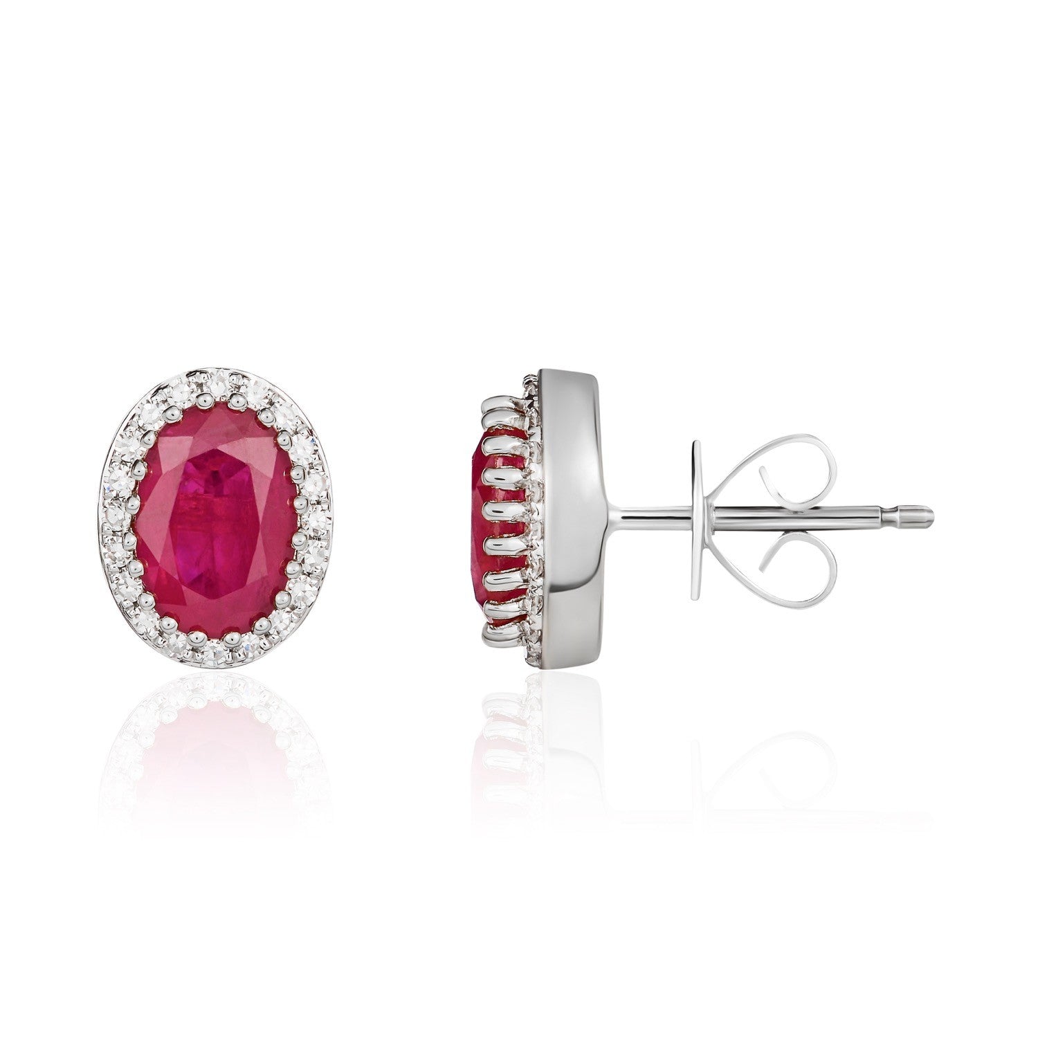 18CT WG 7X5 OVAL RUBY & DIAMOND CLAW SET CLUSTER EARRINGS