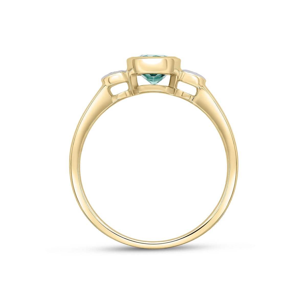 9CT YG 5MM ROUND GREEN TOURMALINE AND DIAMOND RUBOVER 3ST RING. RHODIUM TO DIAMONDS