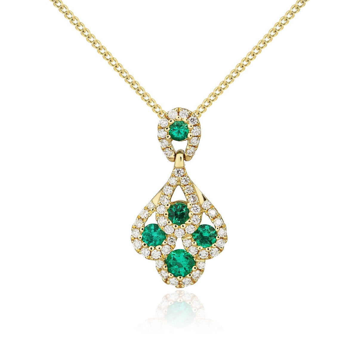 18CT YG ROUND EMERALD AND DIAMOND 'PEACOCK' PENDANT
