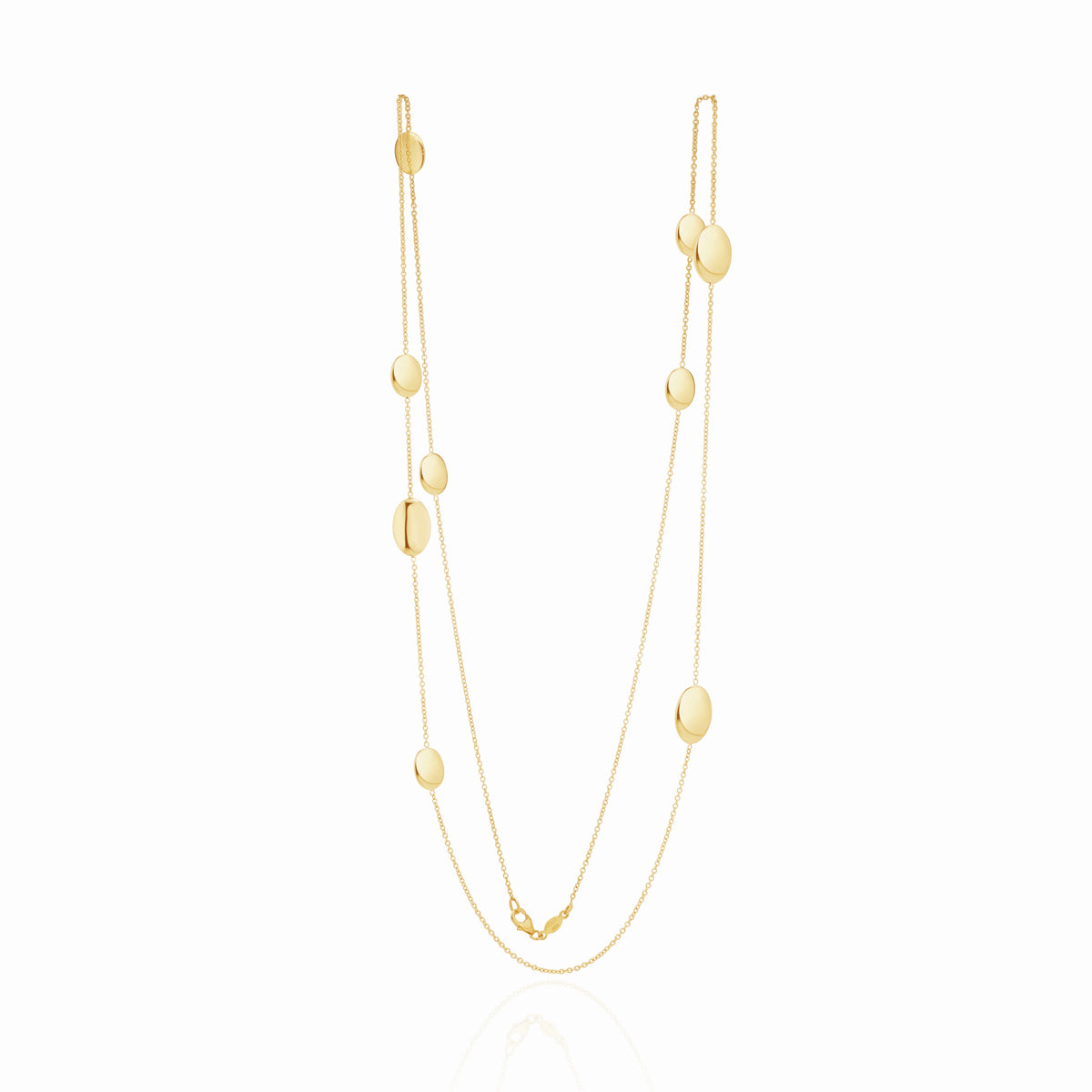 9CT YG CHAIN & FLAT POLISHED OVAL DISCS NECKLACE. 32 INCH